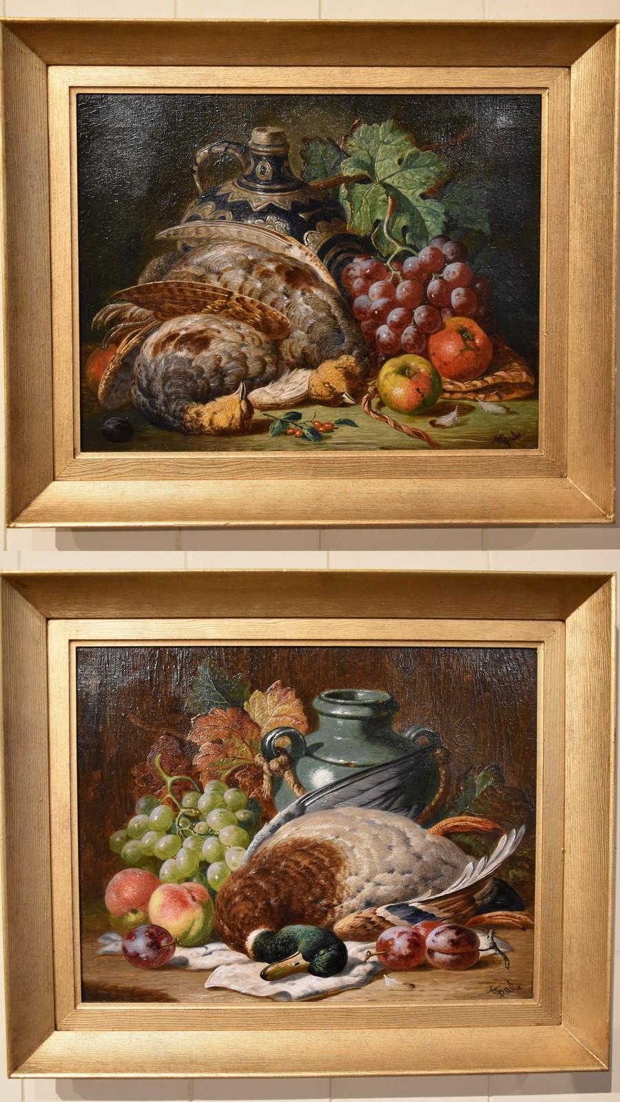 CHARLES THOMAS BALE Still-Life Painting - Oil Painting Pair by Charles Thomas Bale "Fruit and Game Larder Scenes"