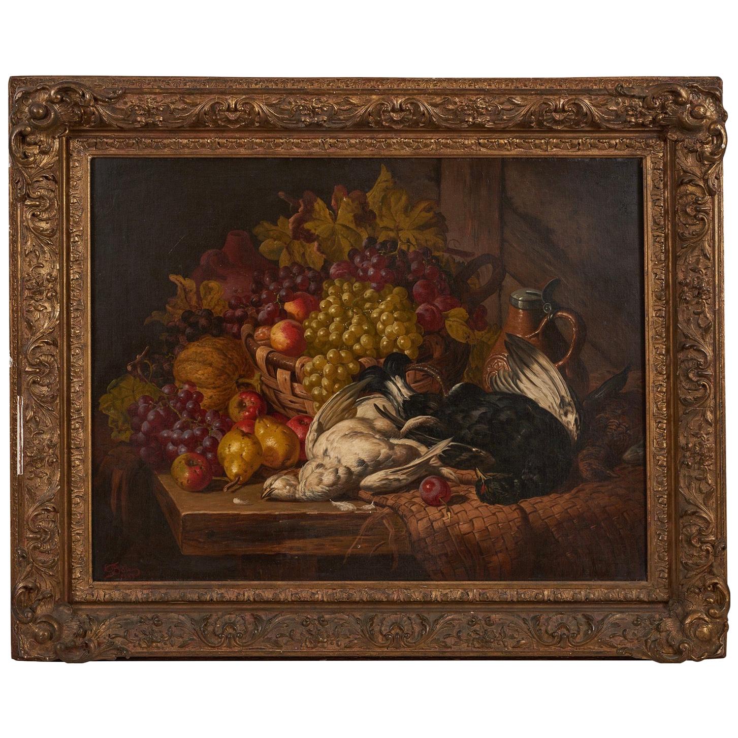 Charles Thomas Bale Huile sur toile "Nature morte:: raisins:: pommes:: poires" en vente
