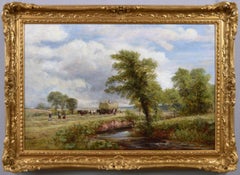 19th Century landscape oil painting of hay making 