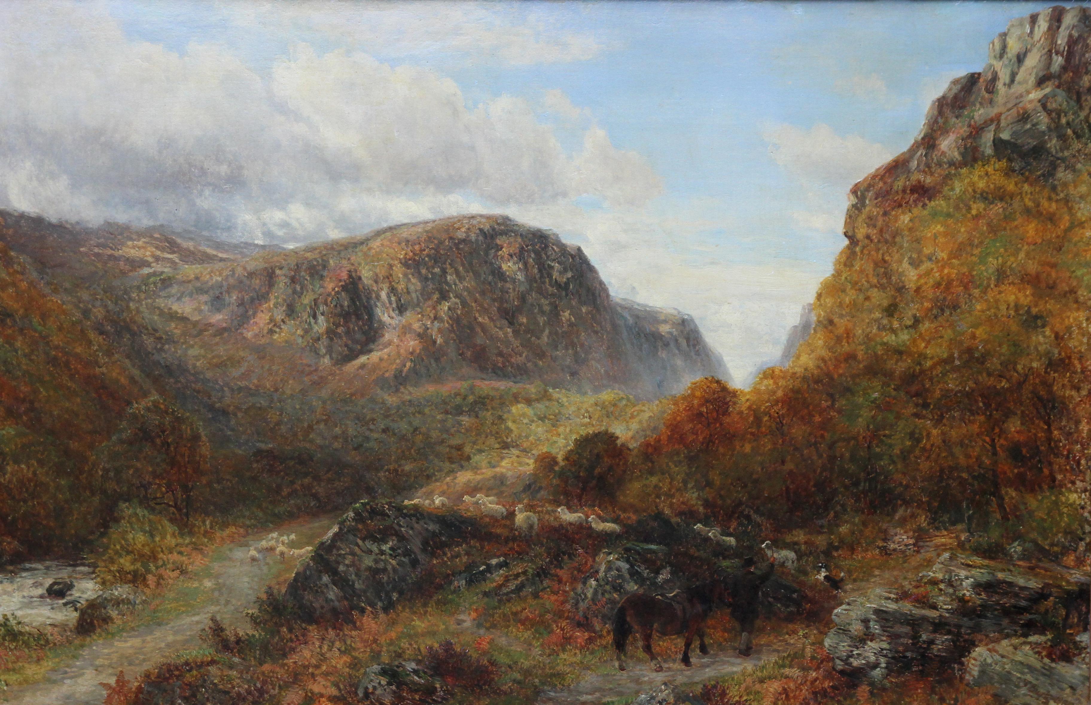Gathering the Sheep - British Victorian art landscape oil painting Snowdon Wales - Painting by Charles Thomas Burt