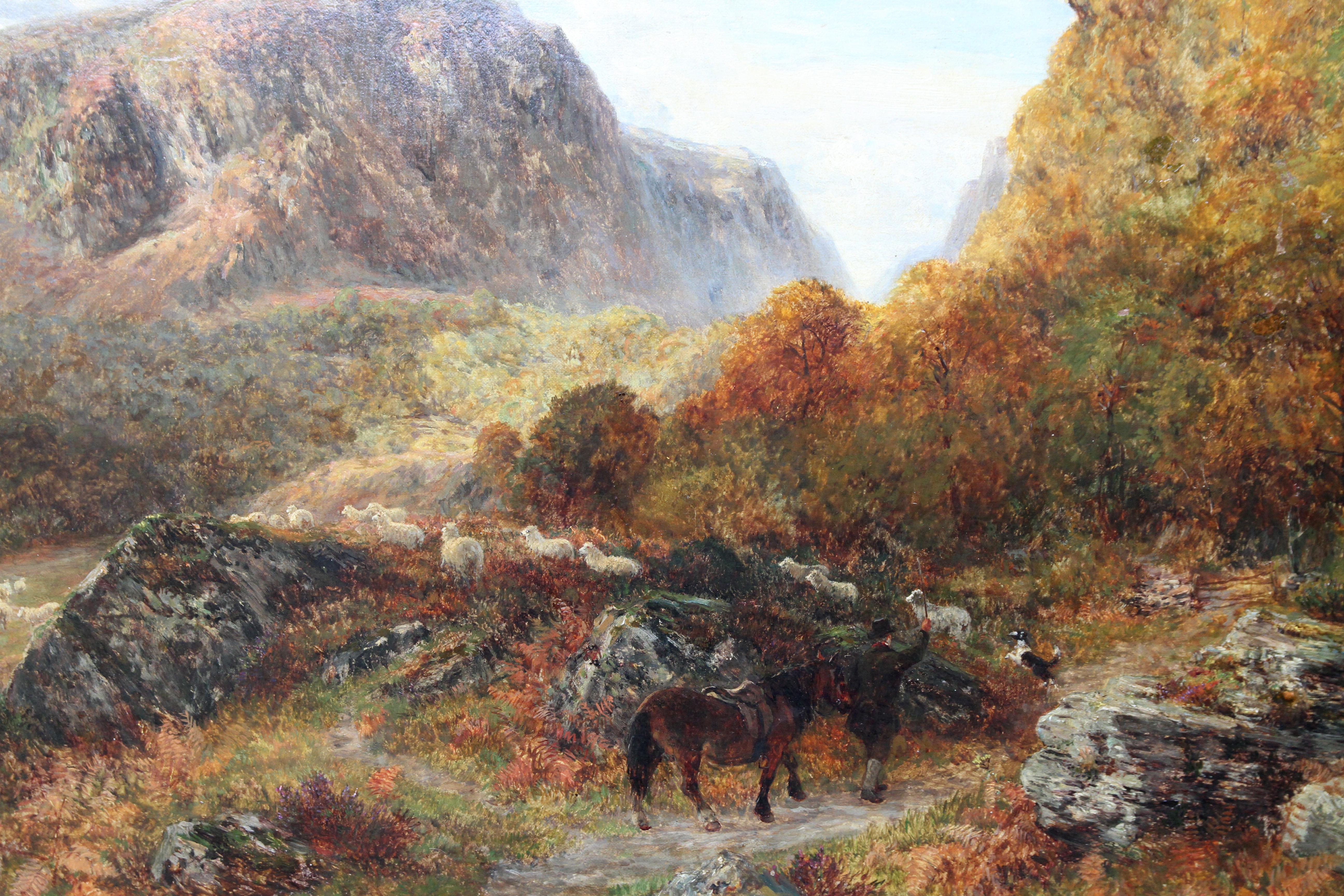 Gathering the Sheep - British Victorian art landscape oil painting Snowdon Wales - Brown Animal Painting by Charles Thomas Burt