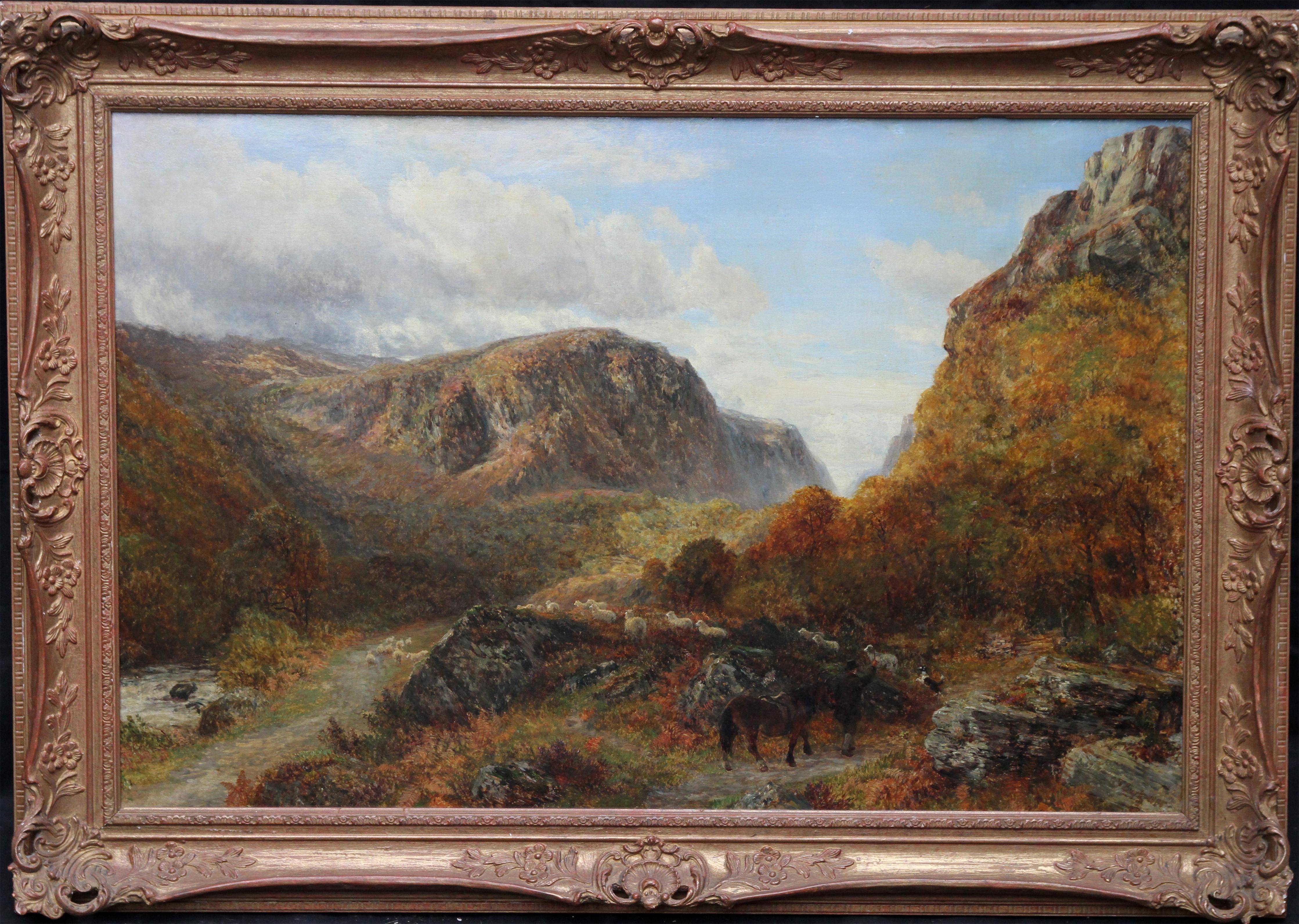 Charles Thomas Burt Animal Painting - Gathering the Sheep - British Victorian art landscape oil painting Snowdon Wales