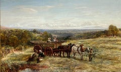 Huge Victorian Signed Oil Painting Hay Making in the Surrey Horse & Cart