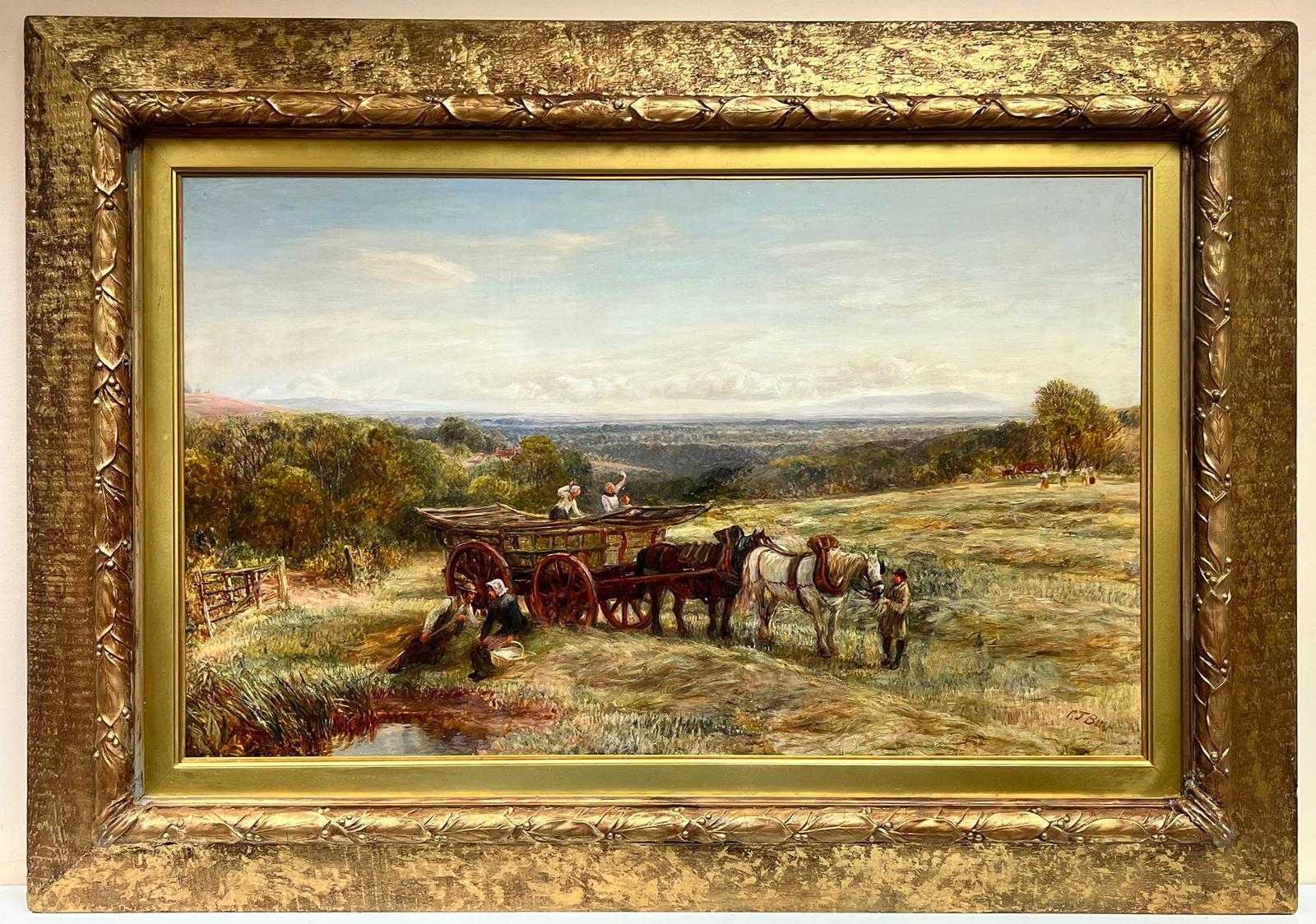Grande peinture à l'huile victorienne signée Hay Making in the Surrey, cheval et chariot