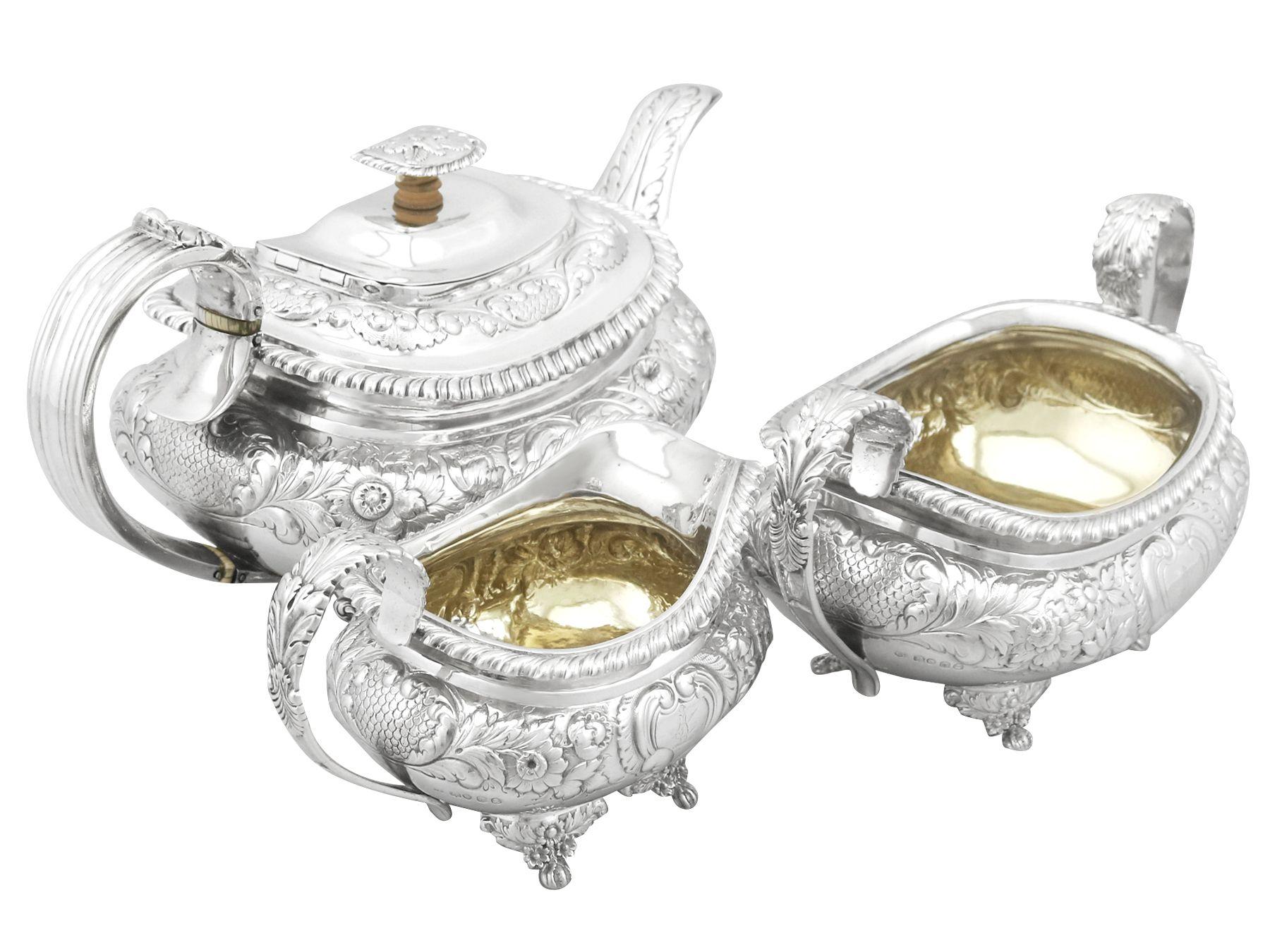 George IV Charles Thomas Fox Antique Sterling Silver Three Piece Tea Service For Sale