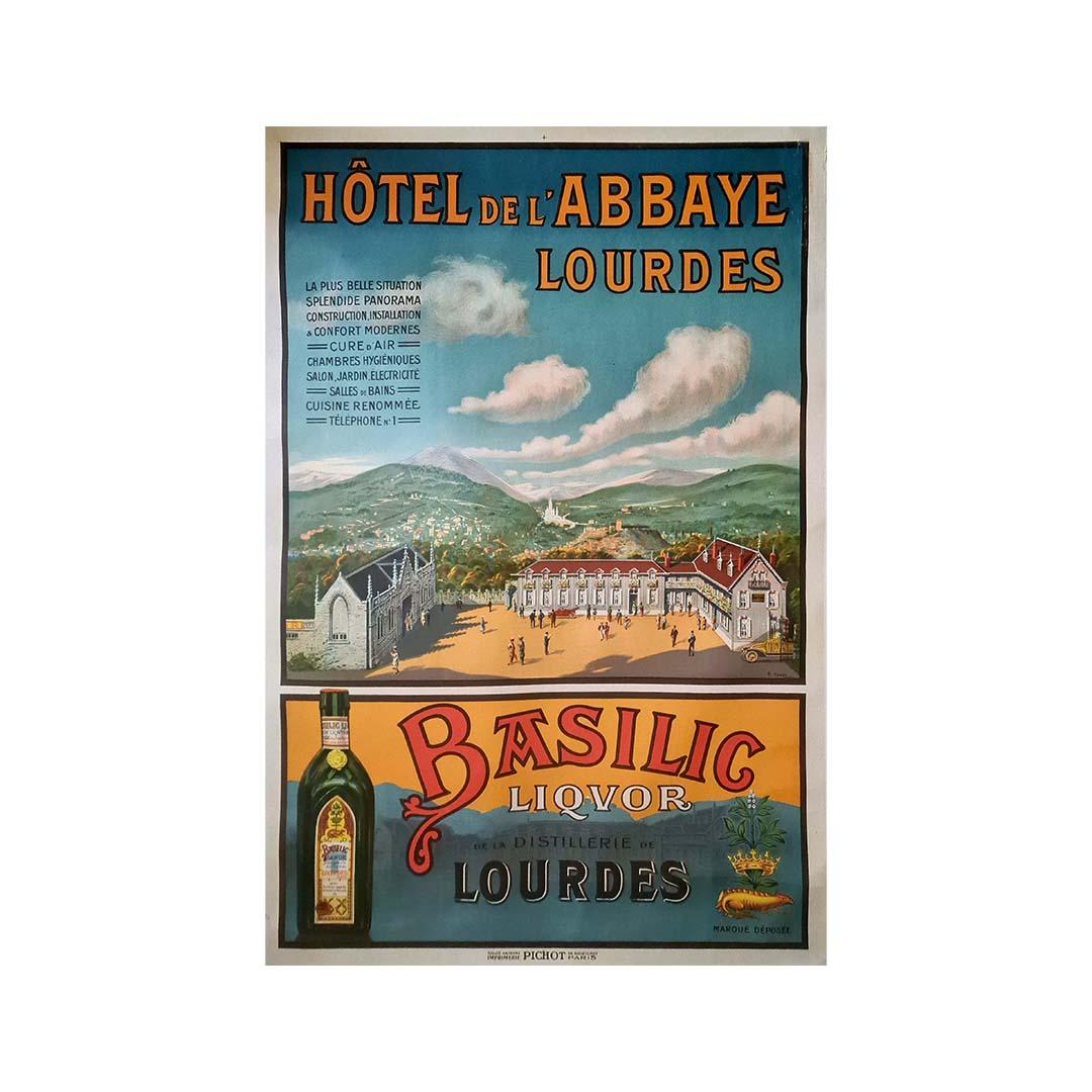 Circa 1920 Originale poster by Charles Tichon - the Hotel de l'abbaye in Lourdes For Sale 1