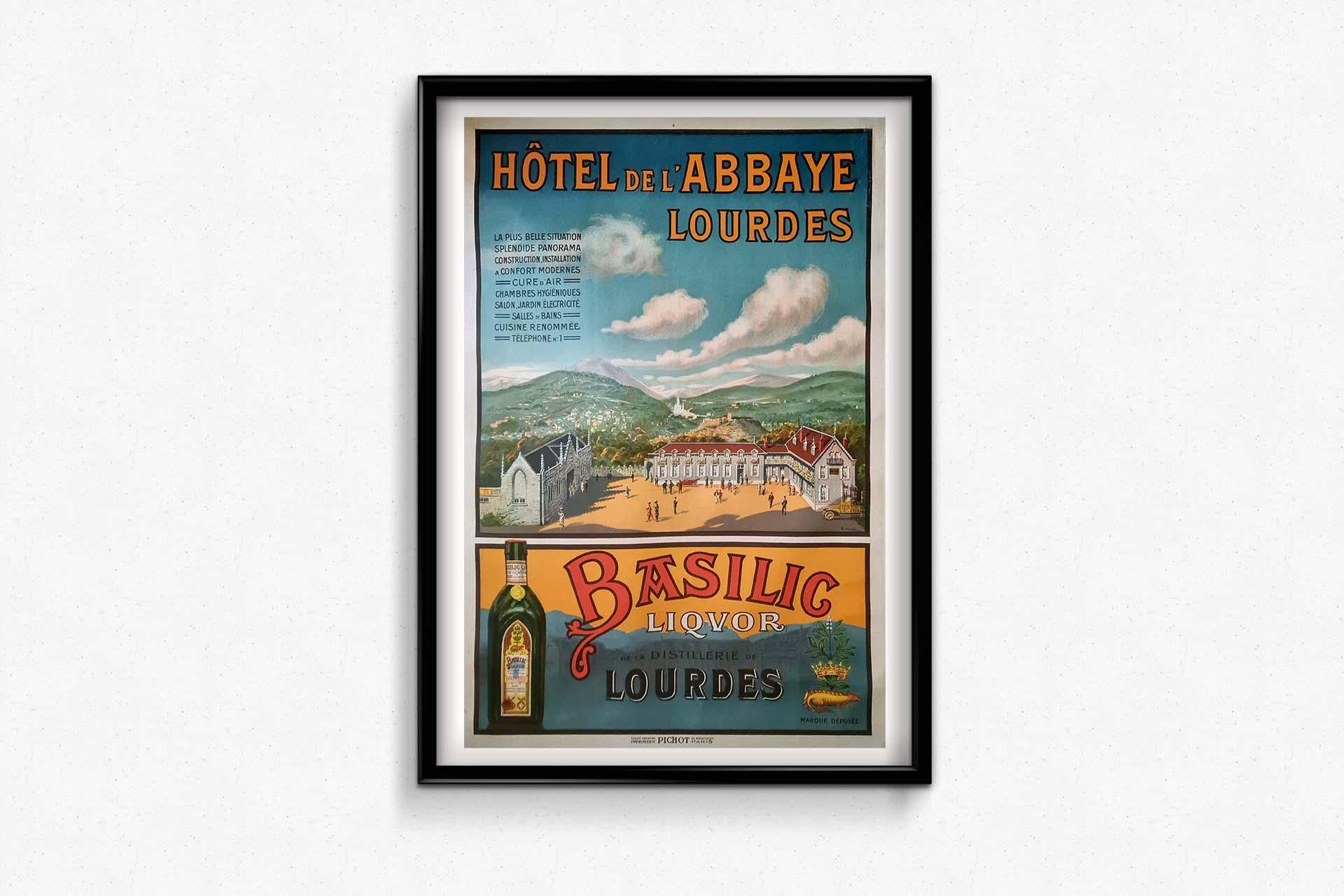 Circa 1920 Originale poster by Charles Tichon - the Hotel de l'abbaye in Lourdes For Sale 3
