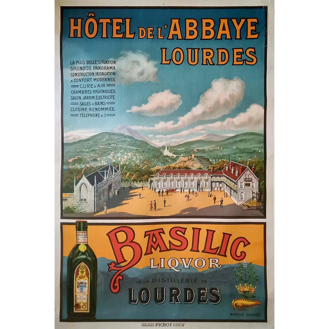 Beautiful poster by Charles Tichon for the Hotel de l'abbaye in Lourdes. Lourdes is a city in southwestern France, at the foot of the Pyrenees. It is known for its Sanctuaries of Our Lady of Lourdes, an important Catholic pilgrimage site. Every