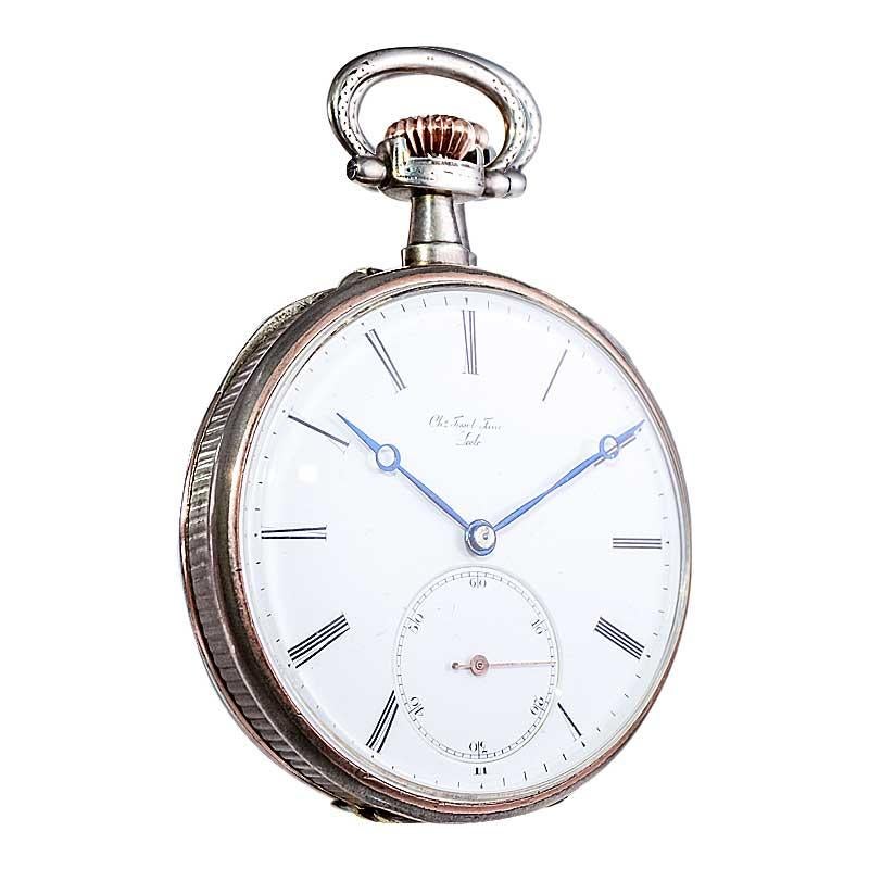 Charles Tissot Gun Metal Silver and Gold Coin Edged Open Faced Pocket Watch For Sale 5