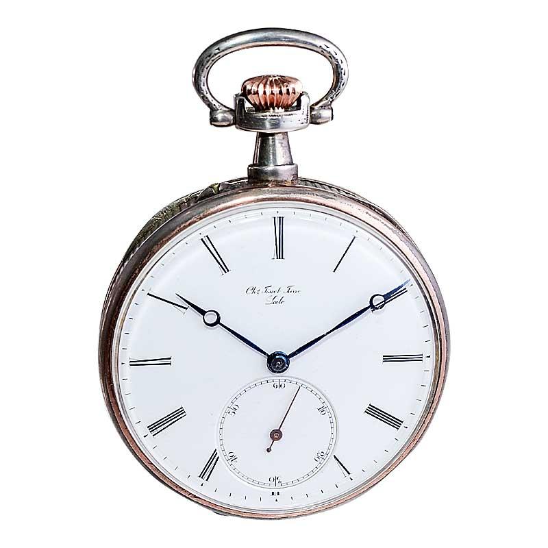 Men's Charles Tissot Gun Metal Silver and Gold Coin Edged Open Faced Pocket Watch For Sale