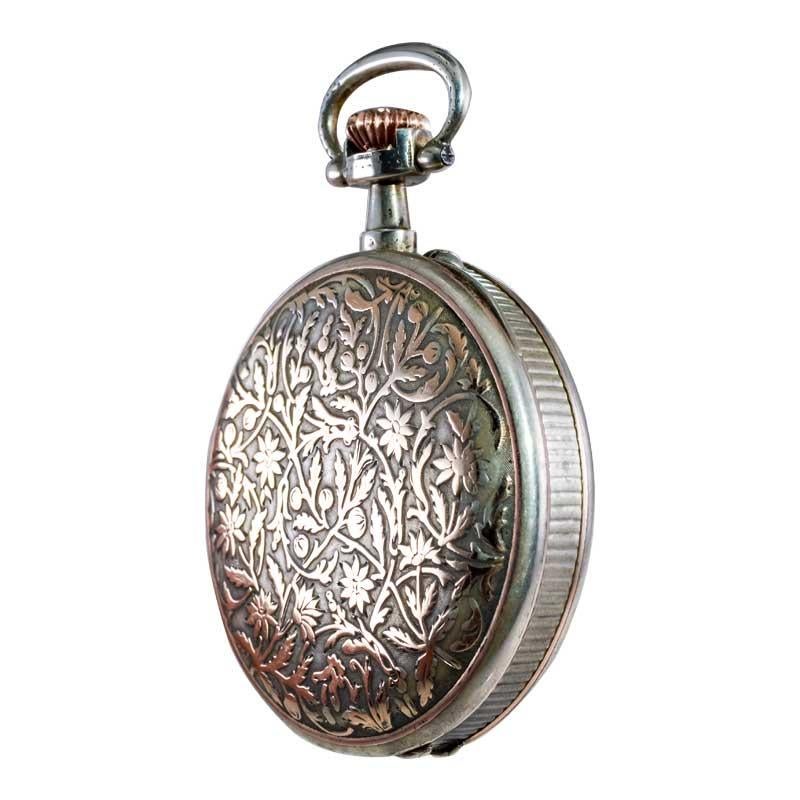 Charles Tissot Gun Metal Silver and Gold Coin Edged Open Faced Pocket Watch For Sale 2