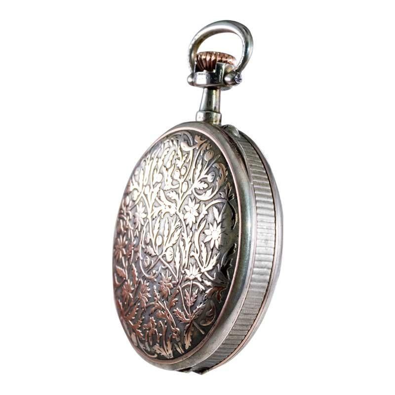 Charles Tissot Gun Metal Silver and Gold Coin Edged Open Faced Pocket Watch For Sale 3