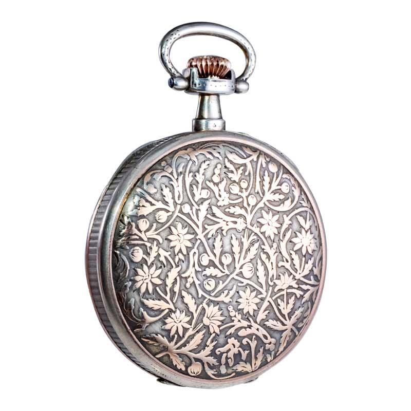 Charles Tissot Gun Metal Silver and Gold Coin Edged Open Faced Pocket Watch For Sale 4