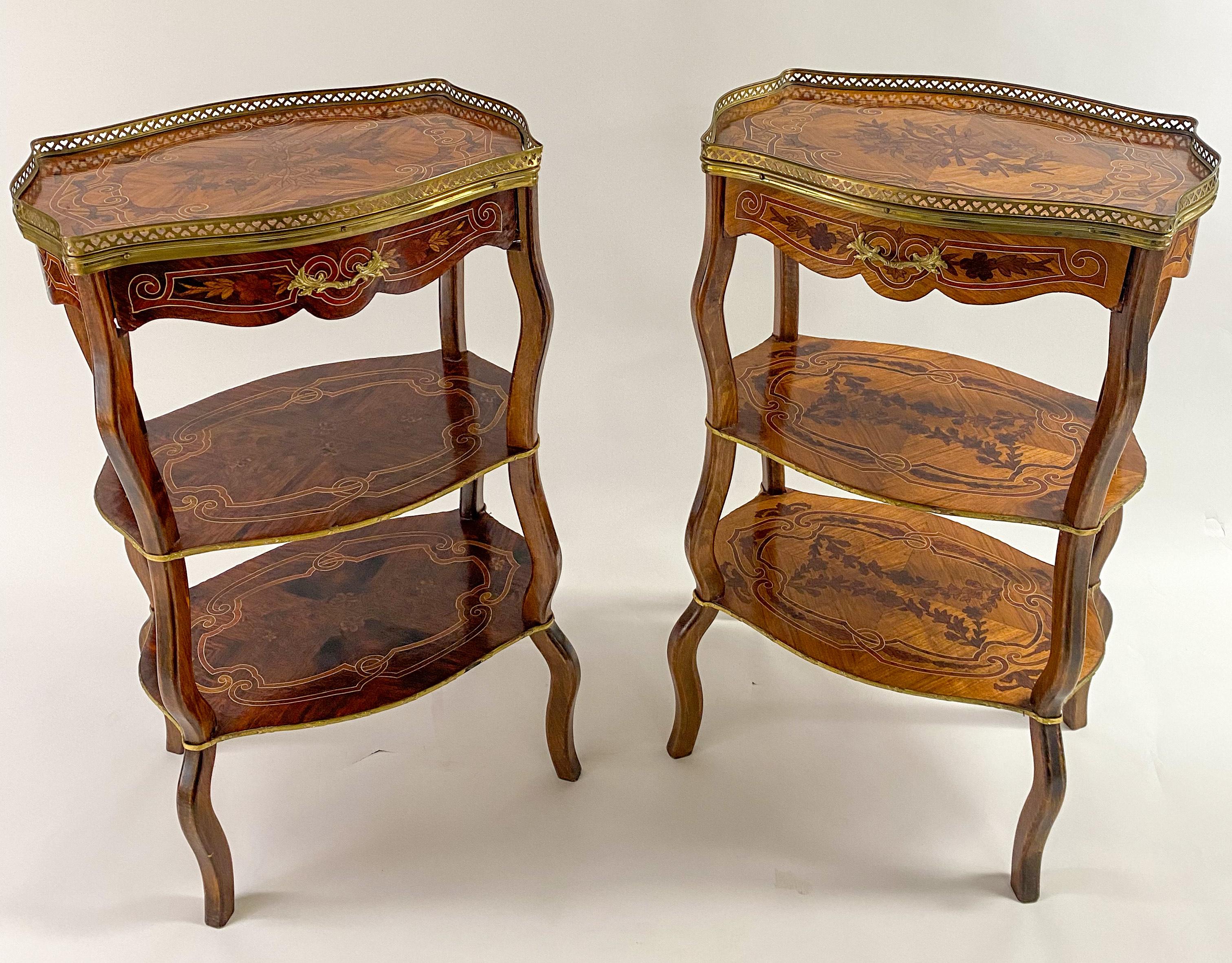 Louis XV Charles Topino Style French Transitional Marquetry Design Side, End Table, Pair For Sale