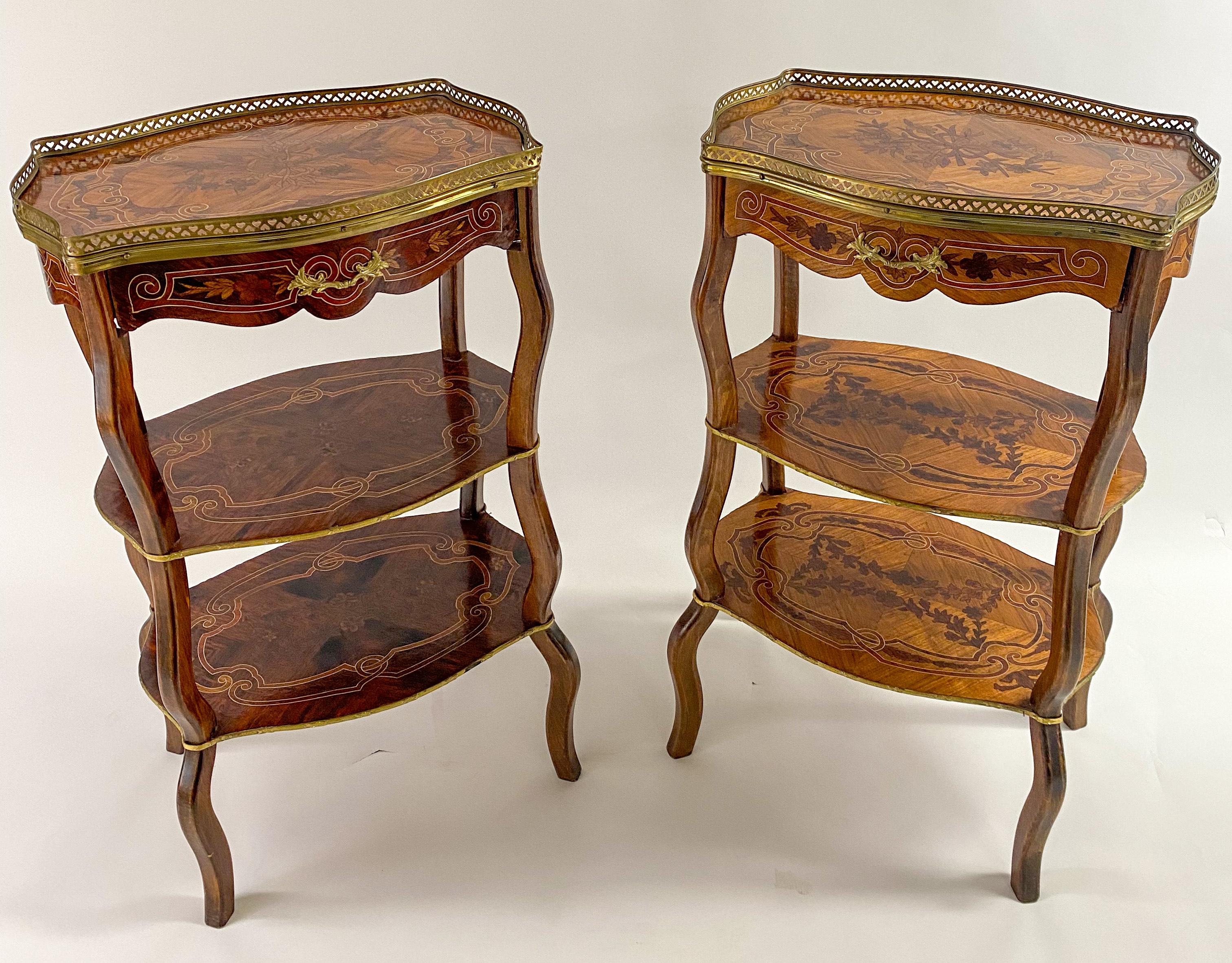 Louis XV Charles Topino Style French Transitional Marquetry Design Side, End Table, Pair
