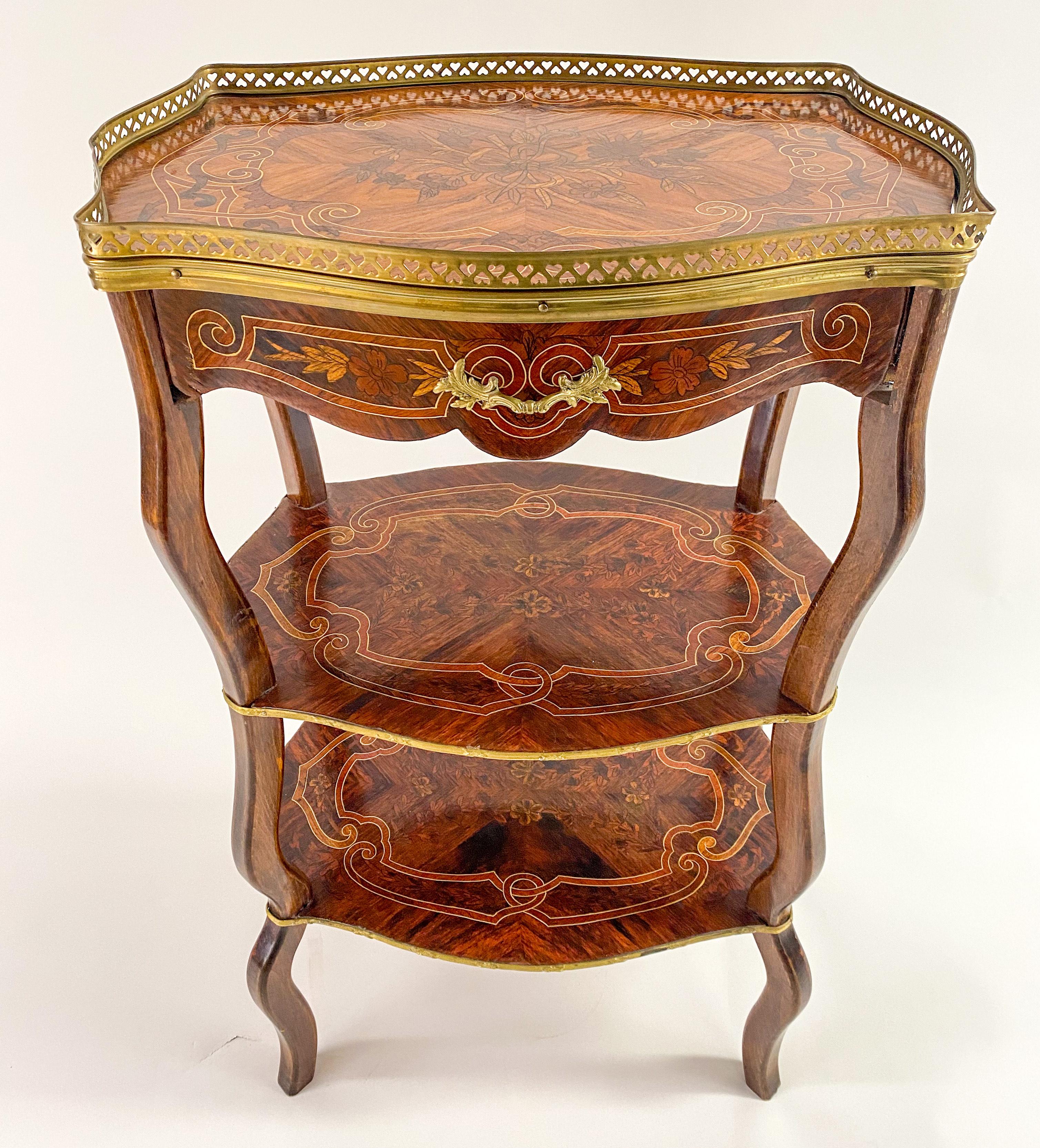 Bronze Charles Topino Style French Transitional Marquetry Design Side, End Table, Pair For Sale