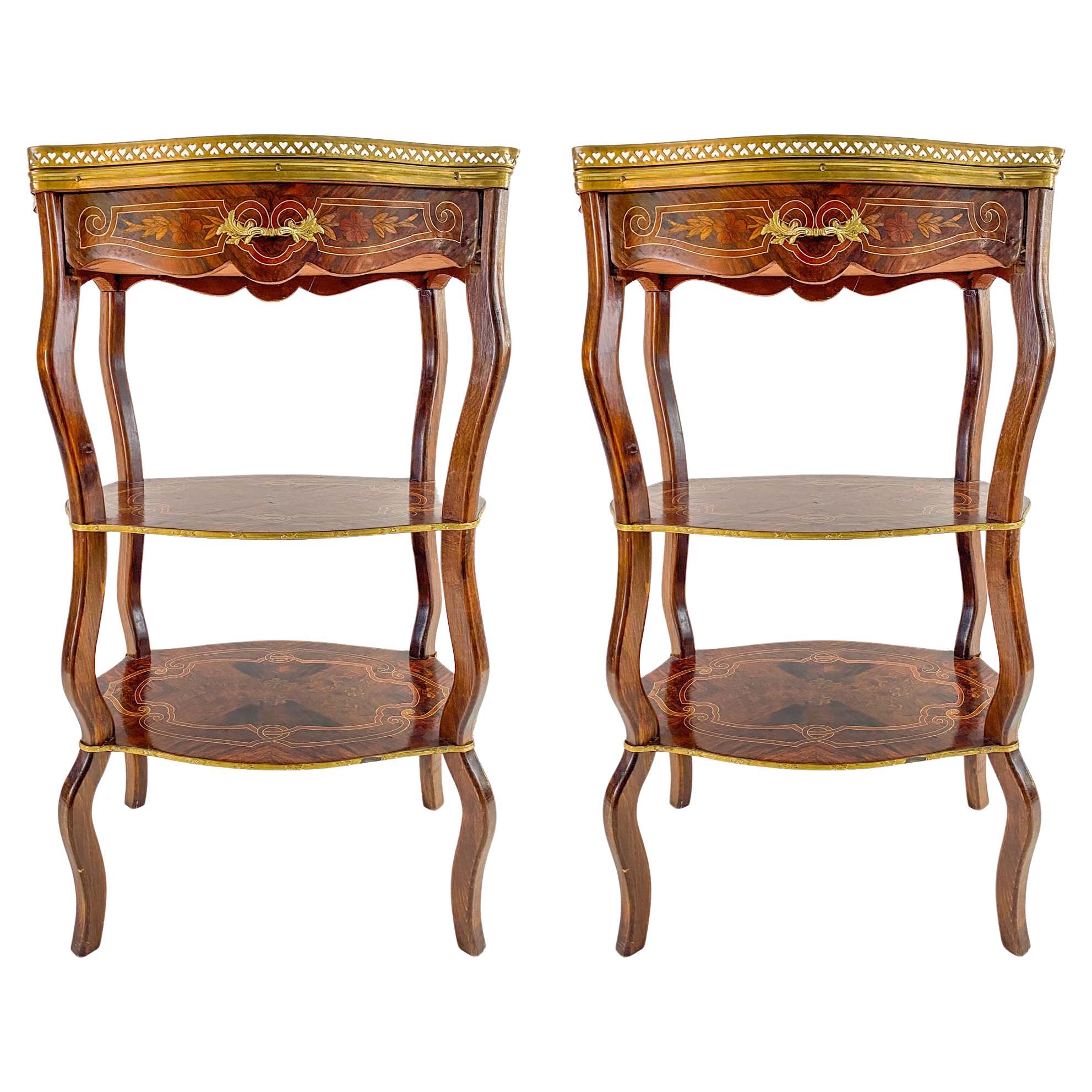 Charles Topino Style French Transitional Marquetry Design Side, End Table, Pair For Sale