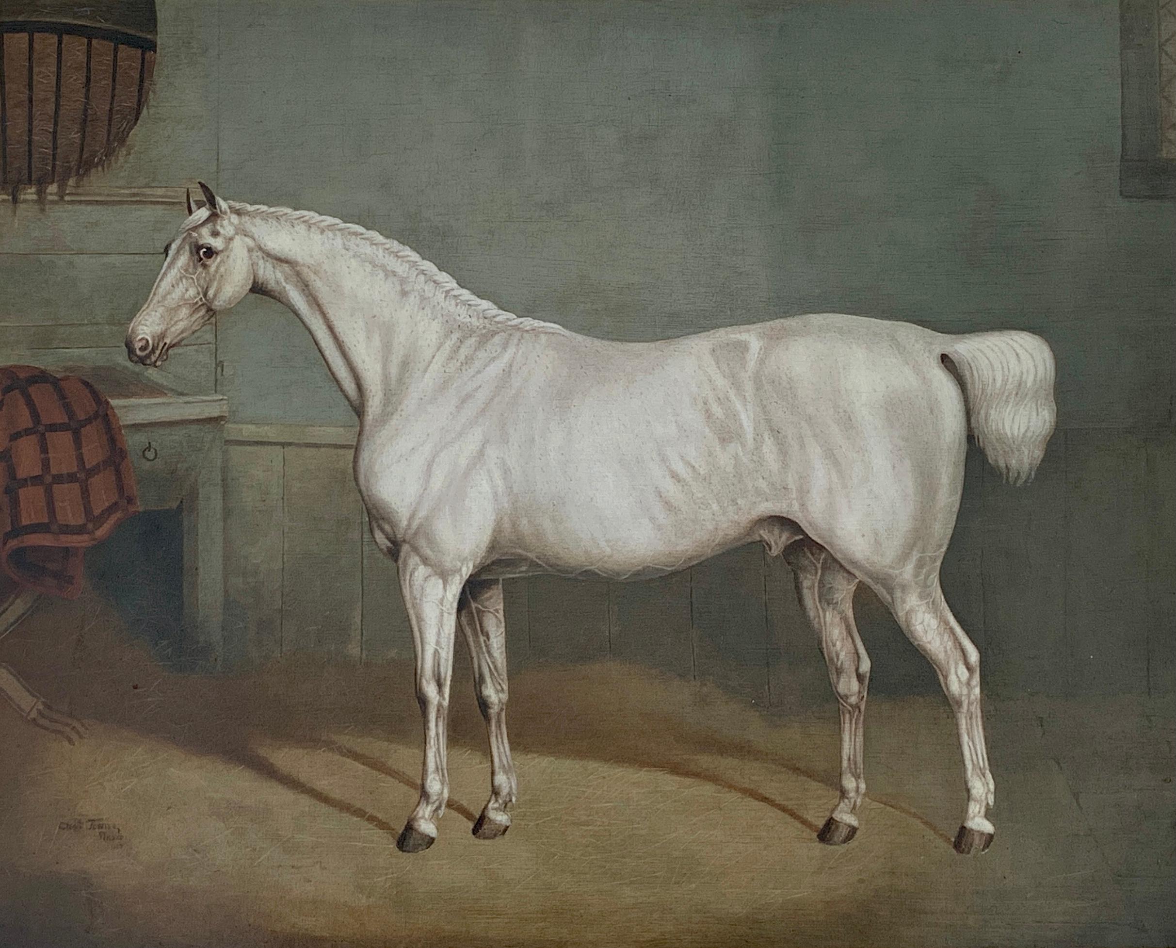 19th century English portrait of a White/grey hunter in a stable - Painting by Charles Towne