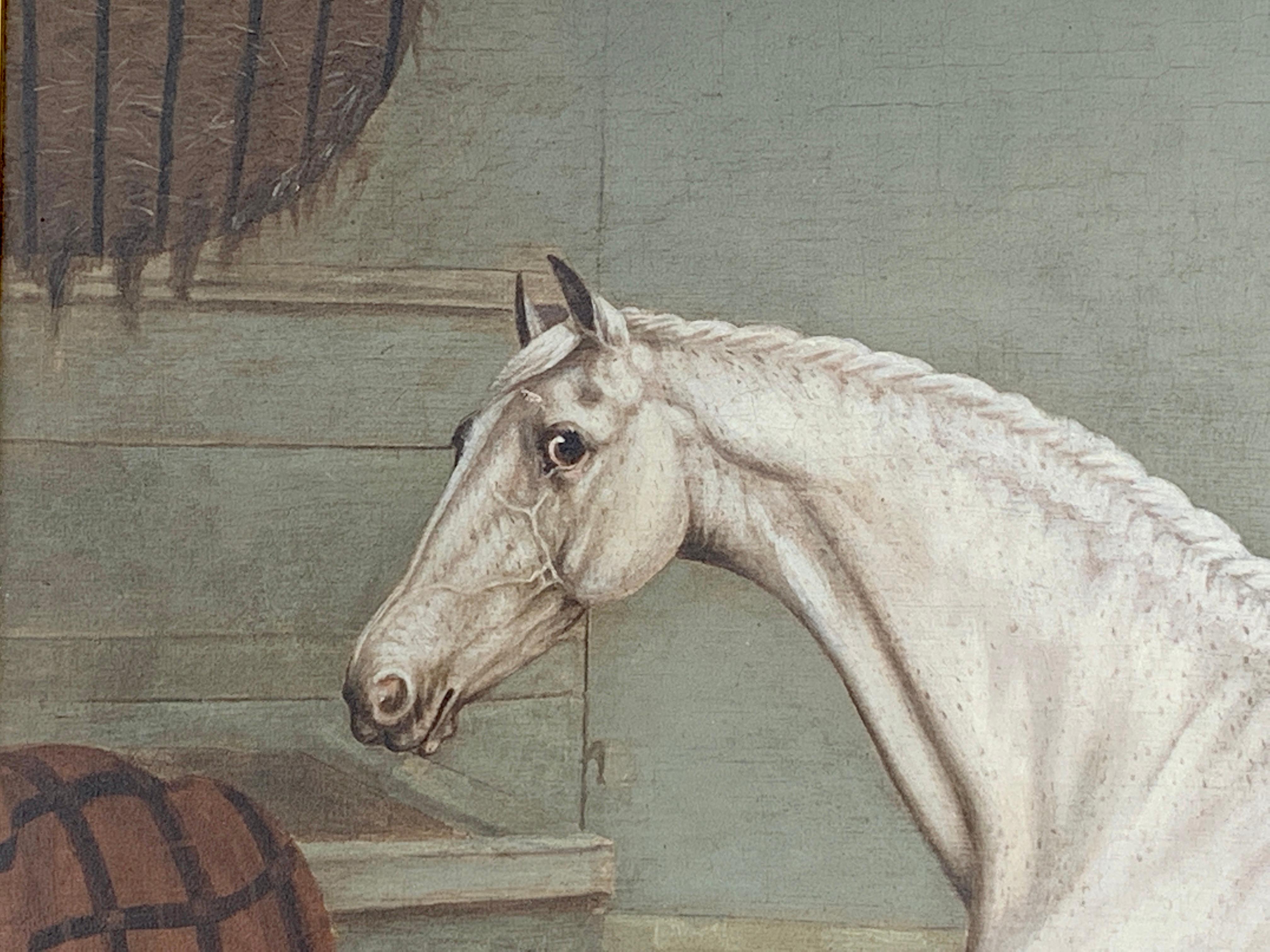 19th century English portrait of a White/grey hunter in a stable - Old Masters Painting by Charles Towne