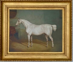Antique 19th century English portrait of a White/grey hunter in a stable