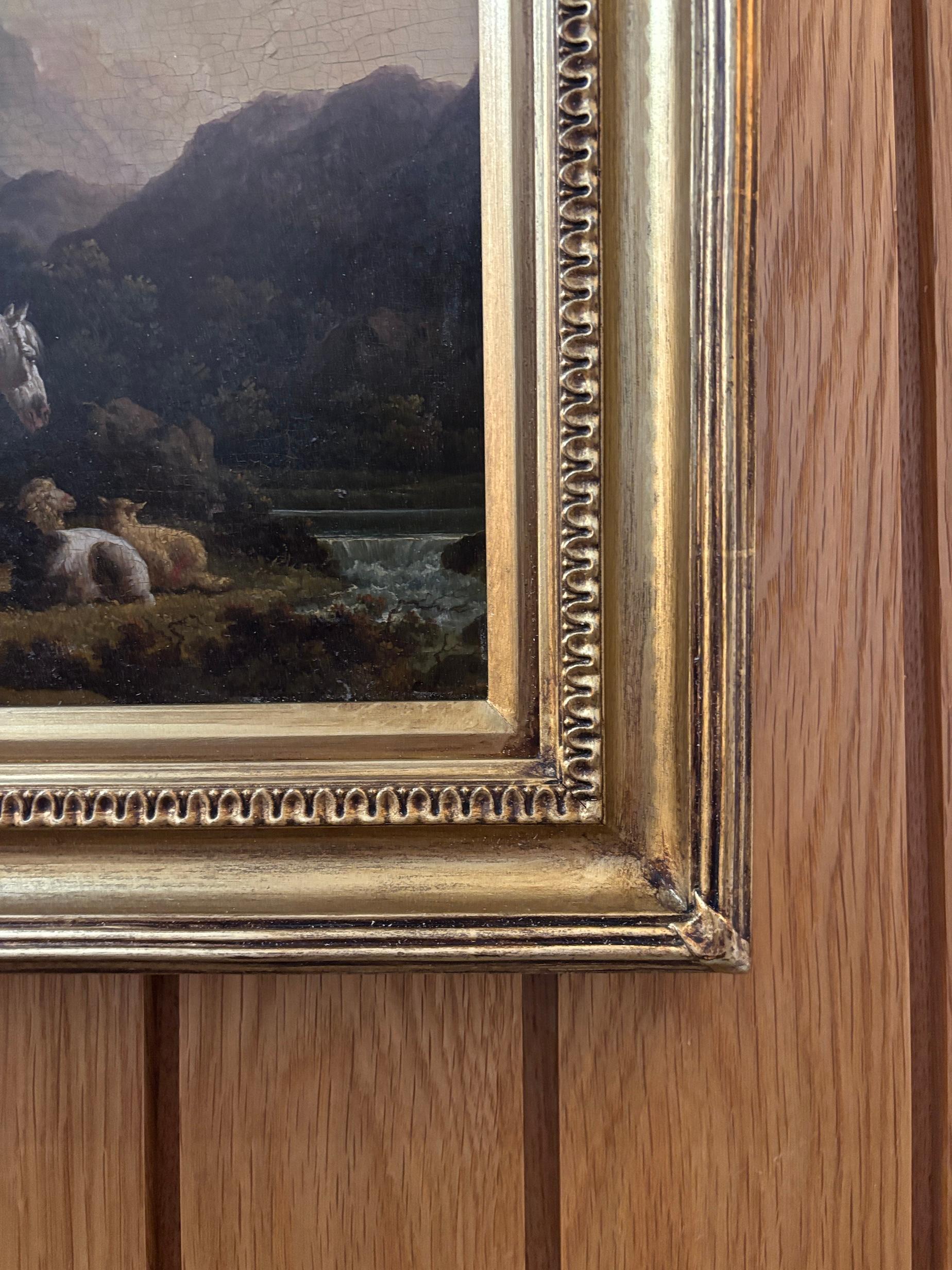 19th Century Shepherd with sheep and horse in a river mountain landscape - Painting by Charles Towne