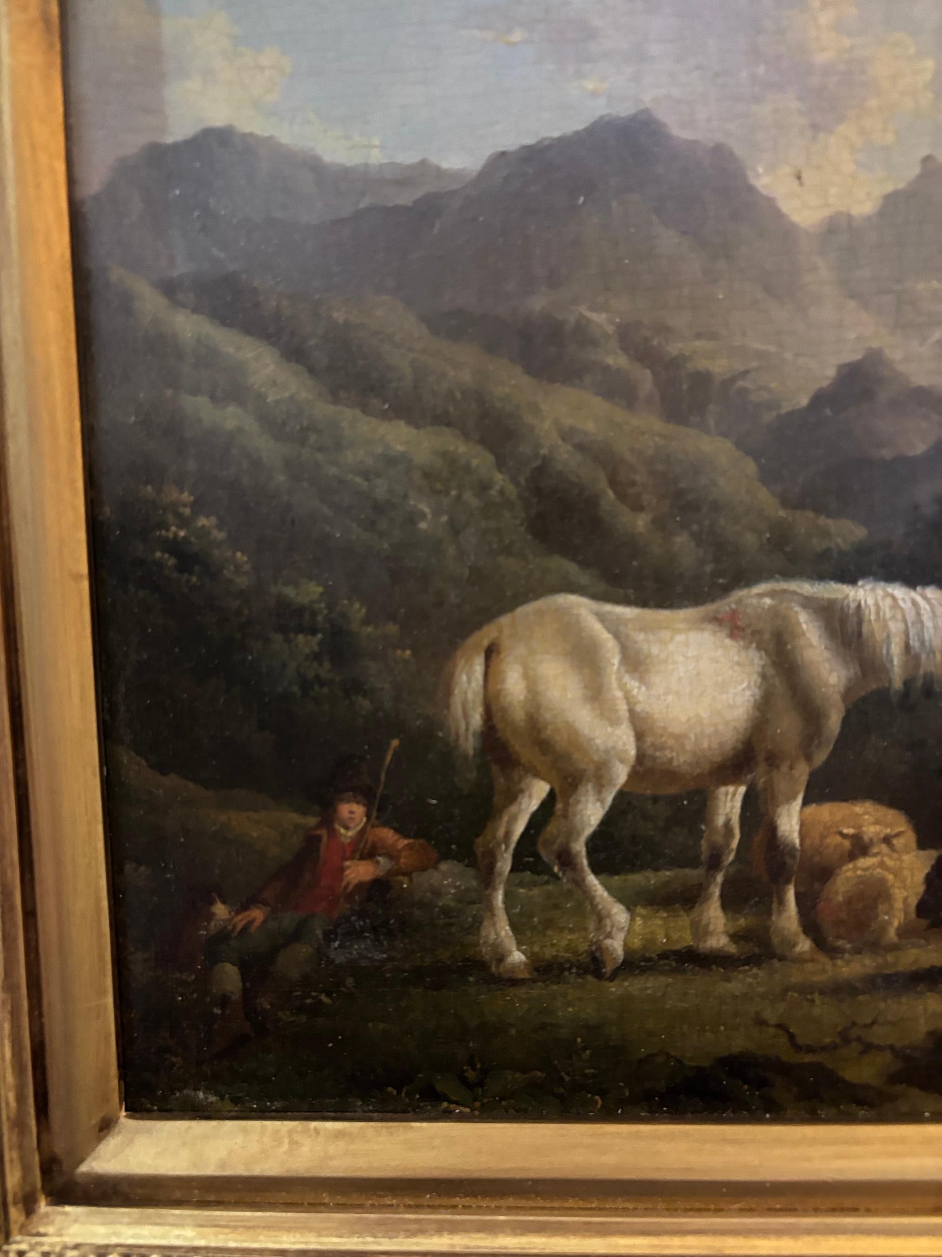 19th Century Shepherd with sheep and horse in a river mountain landscape - Victorian Painting by Charles Towne