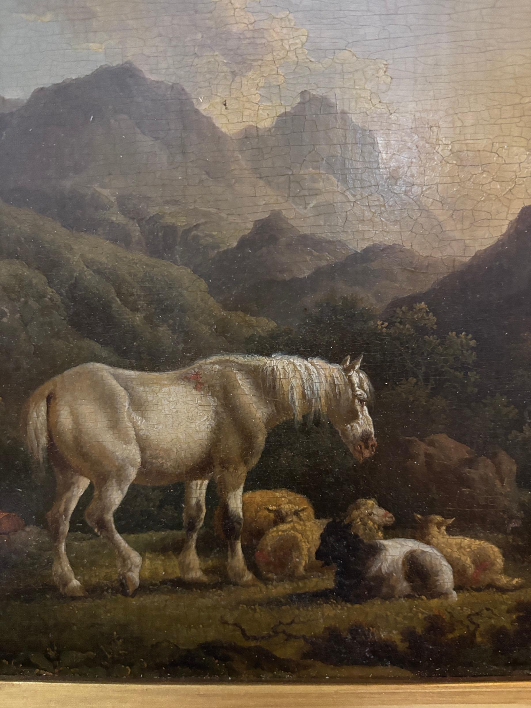 19th Century Shepherd with sheep and horse in a river mountain landscape - Brown Landscape Painting by Charles Towne