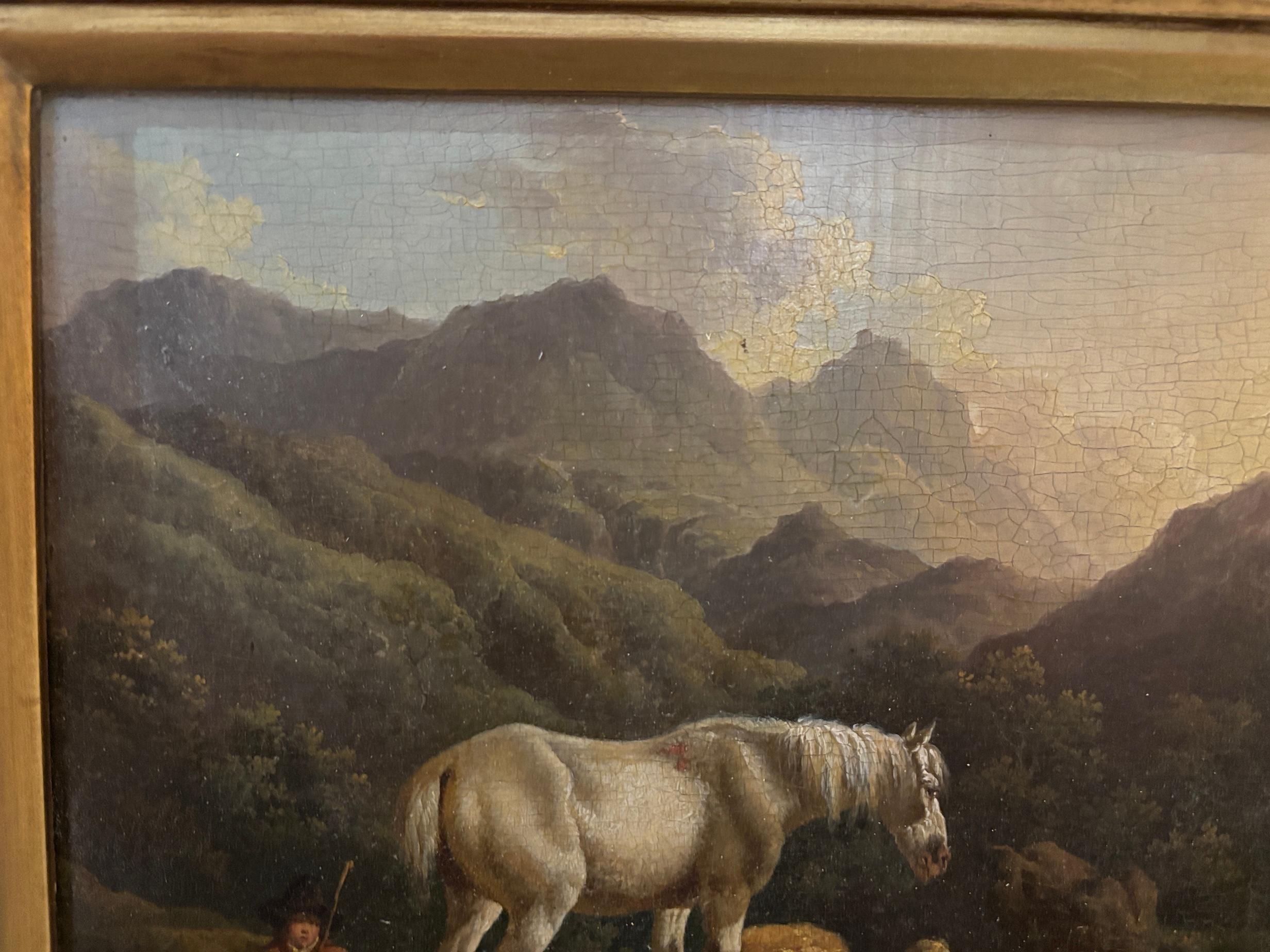 This finely painted pastoral scene is attributed to Charles Towne, one of the leading animal and landscape painters of the late 18th and early 19th centuries. The composition depicts a tranquil upland setting, where a sturdy white horse stands