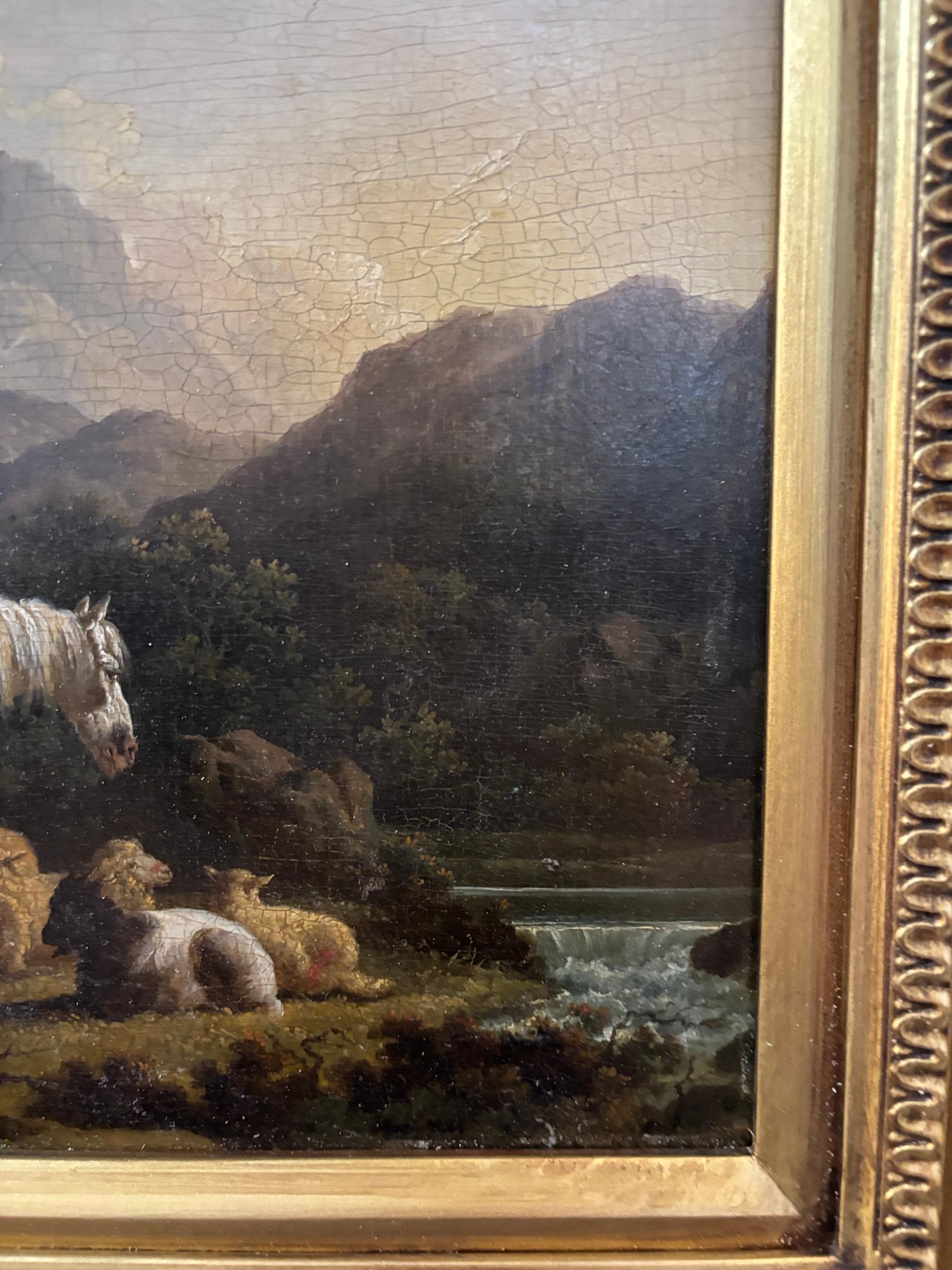 19th Century Shepherd with sheep and horse in a river mountain landscape For Sale 1