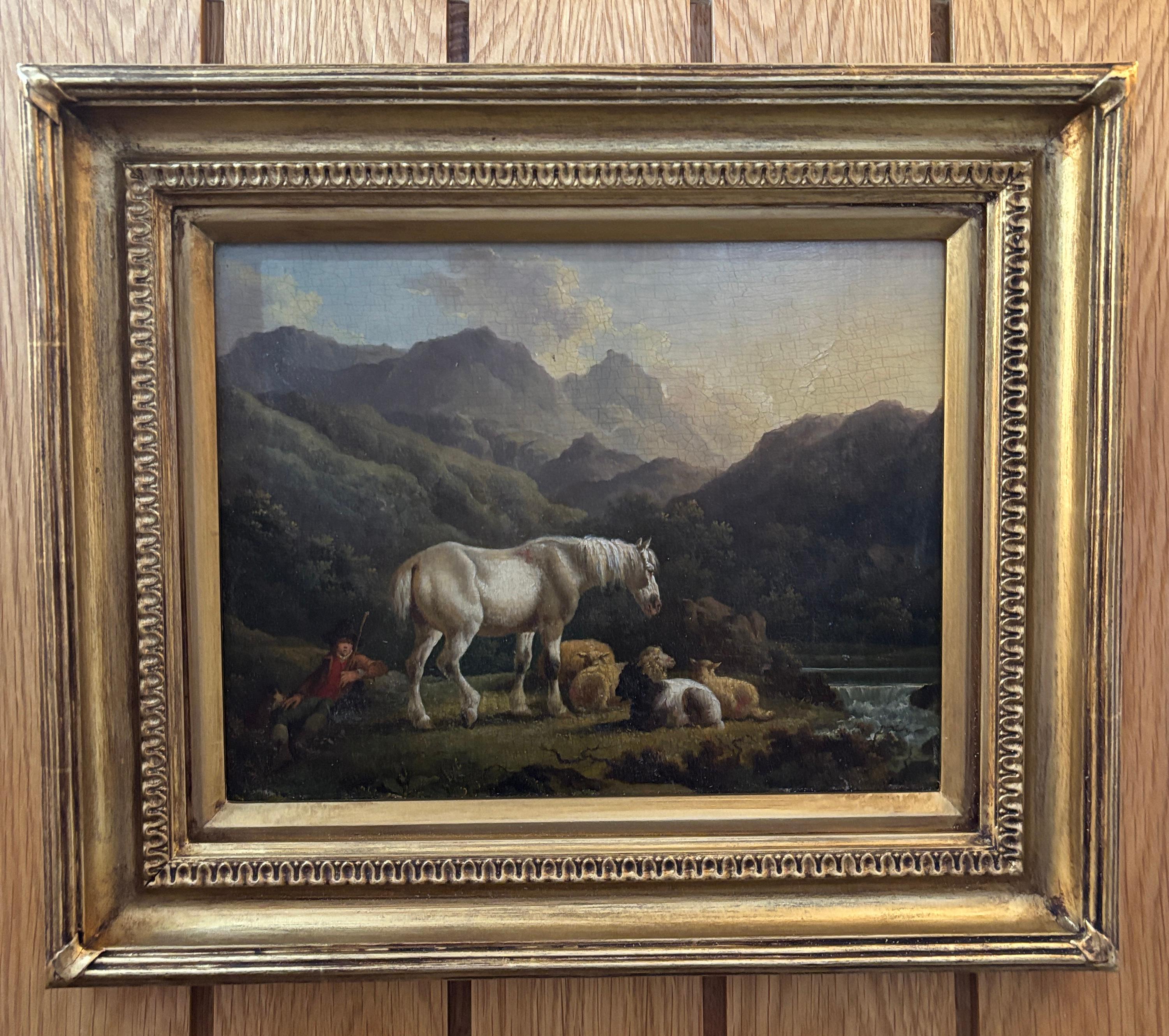 Charles Towne Landscape Painting - 19th Century Shepherd with sheep and horse in a river mountain landscape