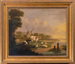 A river landscape, with cattle and sheep resting, a windmill beyond