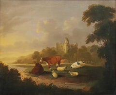 A river landscape, with cattle and sheep resting before castle ruins