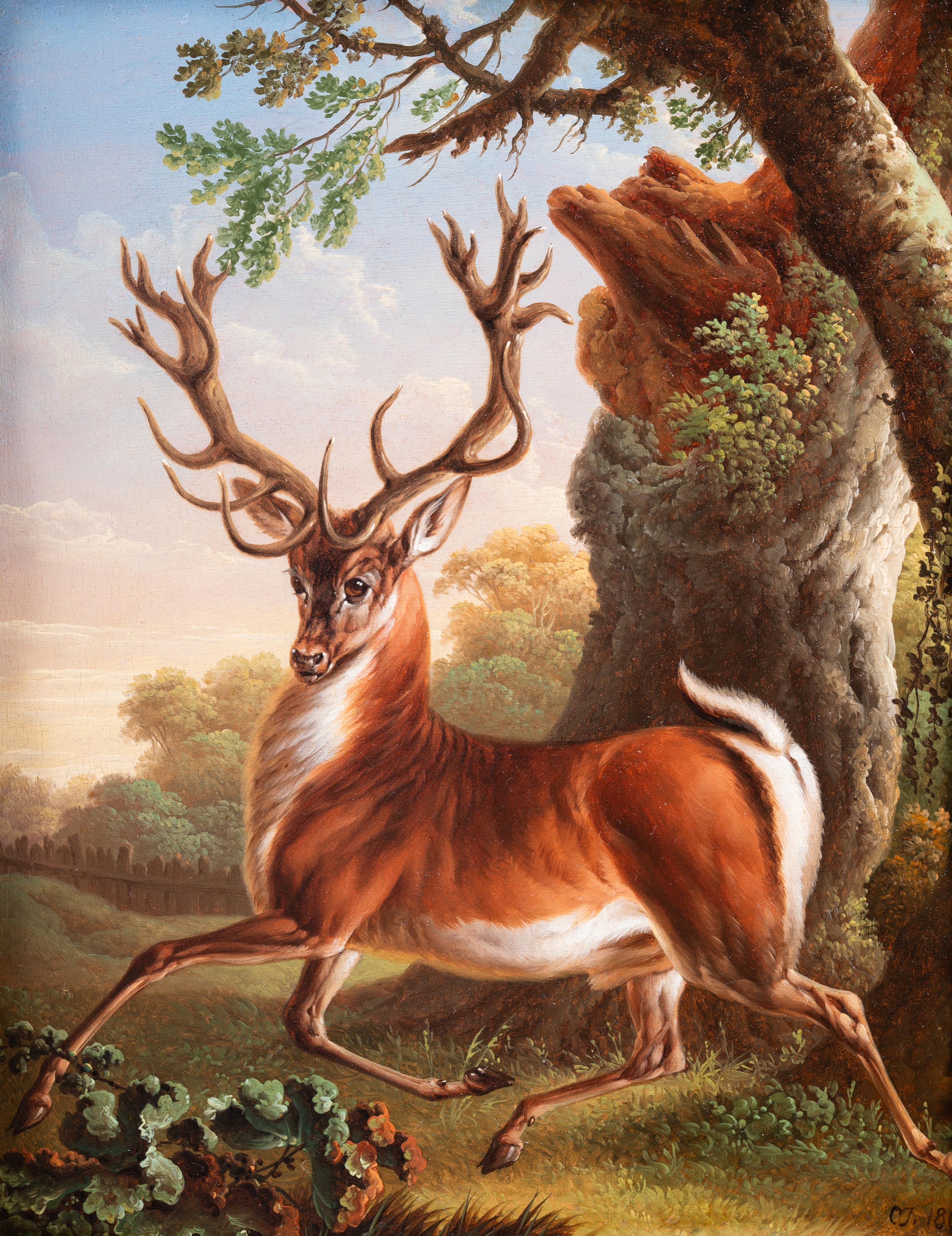 A stag in a landscape - Painting by Charles Towne