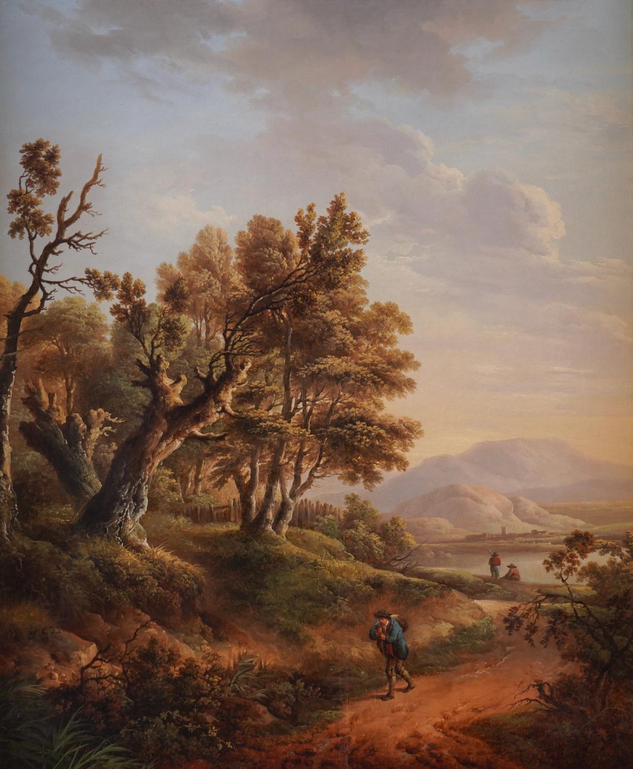 Eine hölzerne Landschaft mit einem Reisenden auf einem Weg – Painting von Charles Towne