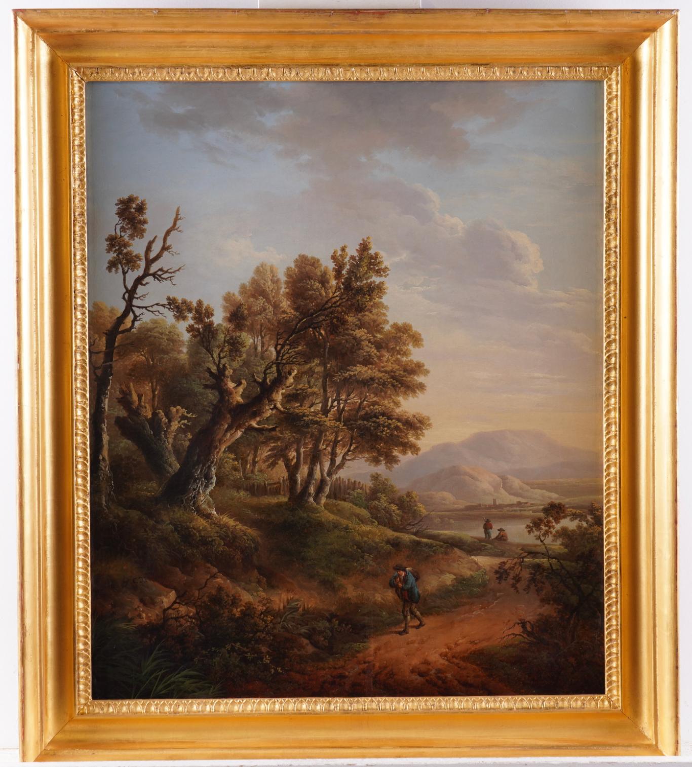 Charles Towne Landscape Painting – Eine hölzerne Landschaft mit einem Reisenden auf einem Weg