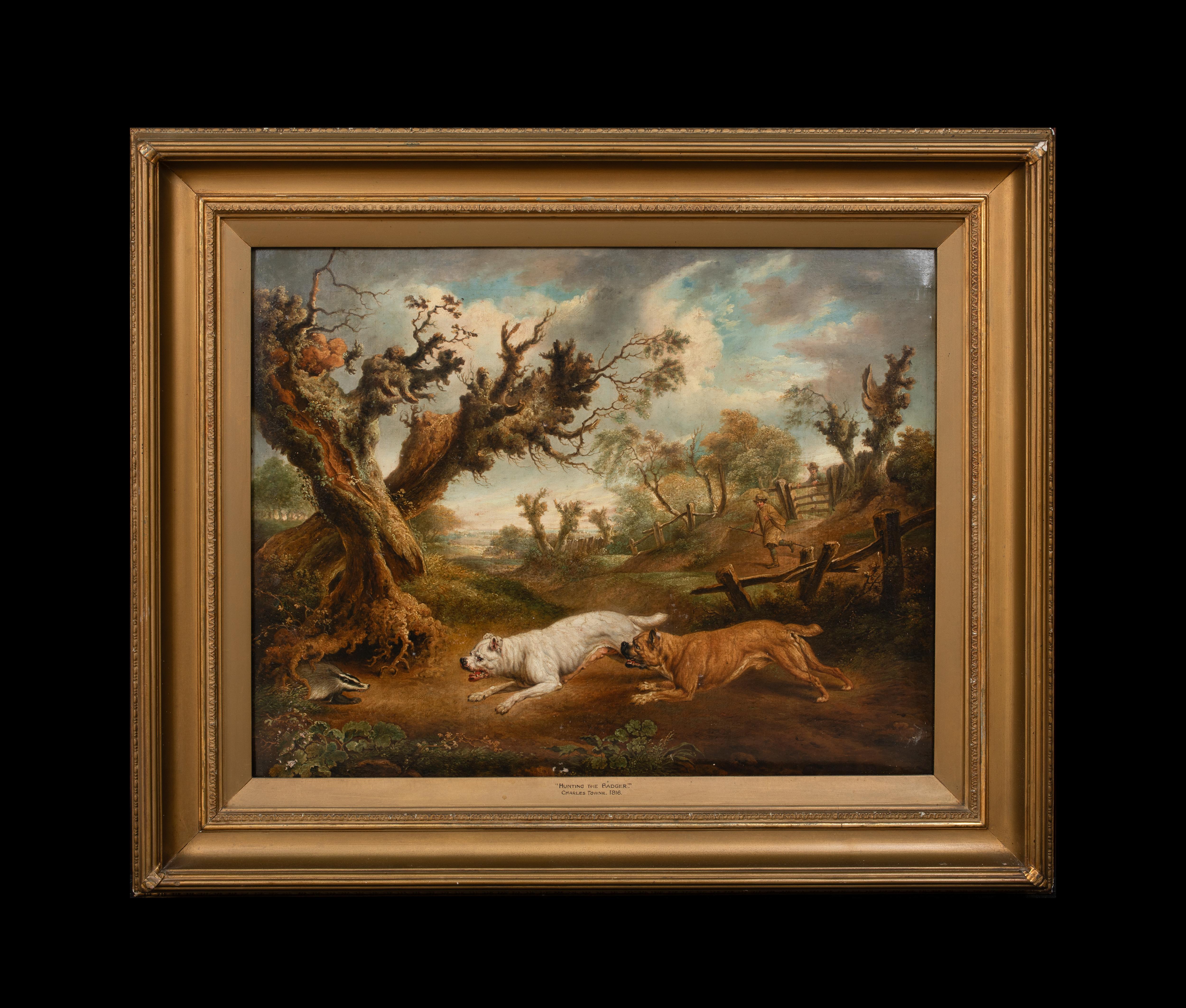Bulldogs Hunting A Badger, 18th Century   attributed to Charles TOWNE (1763-1840 - Painting by Charles Towne