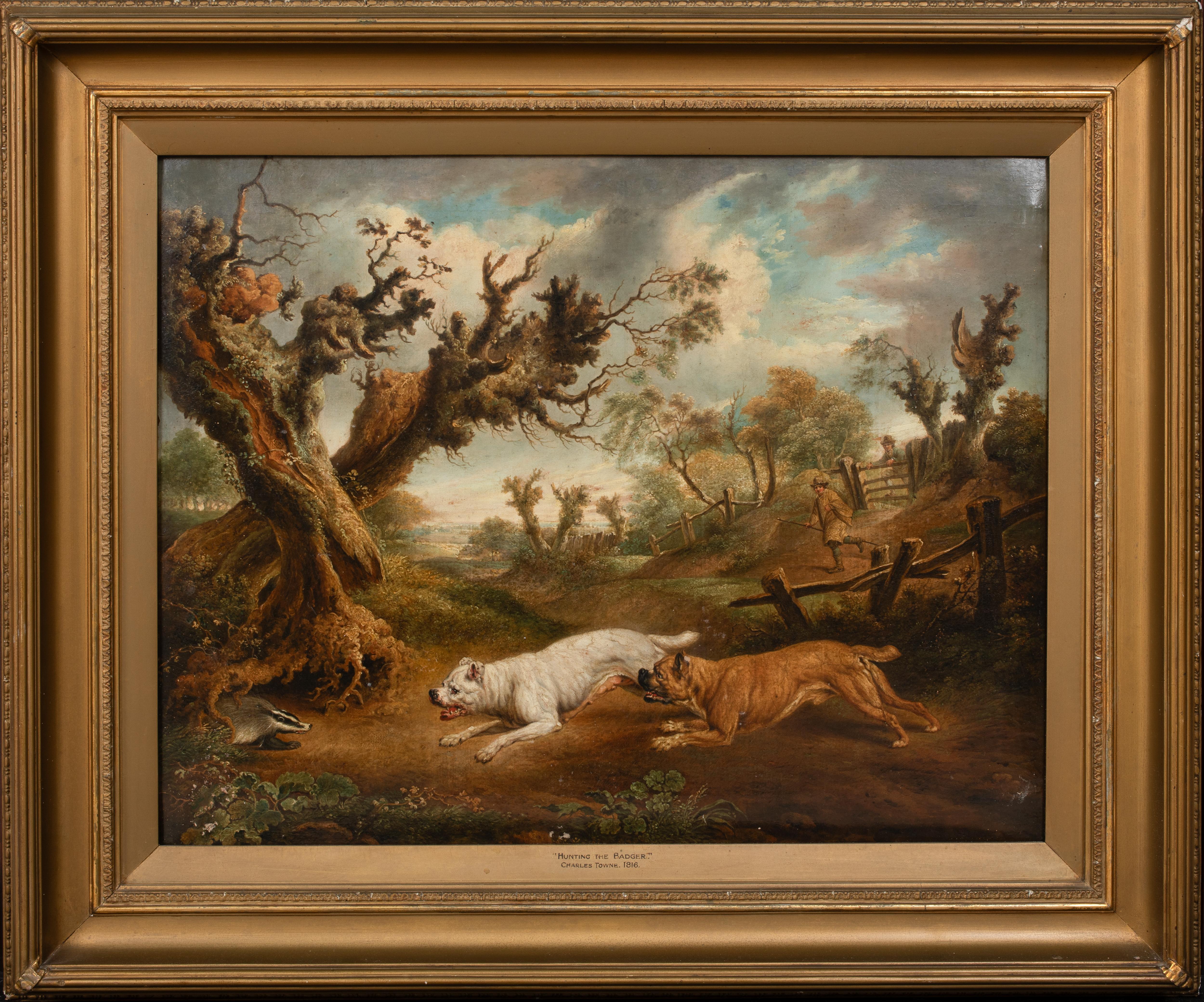 Charles Towne Portrait Painting - Bulldogs Hunting A Badger, 18th Century   attributed to Charles TOWNE (1763-1840