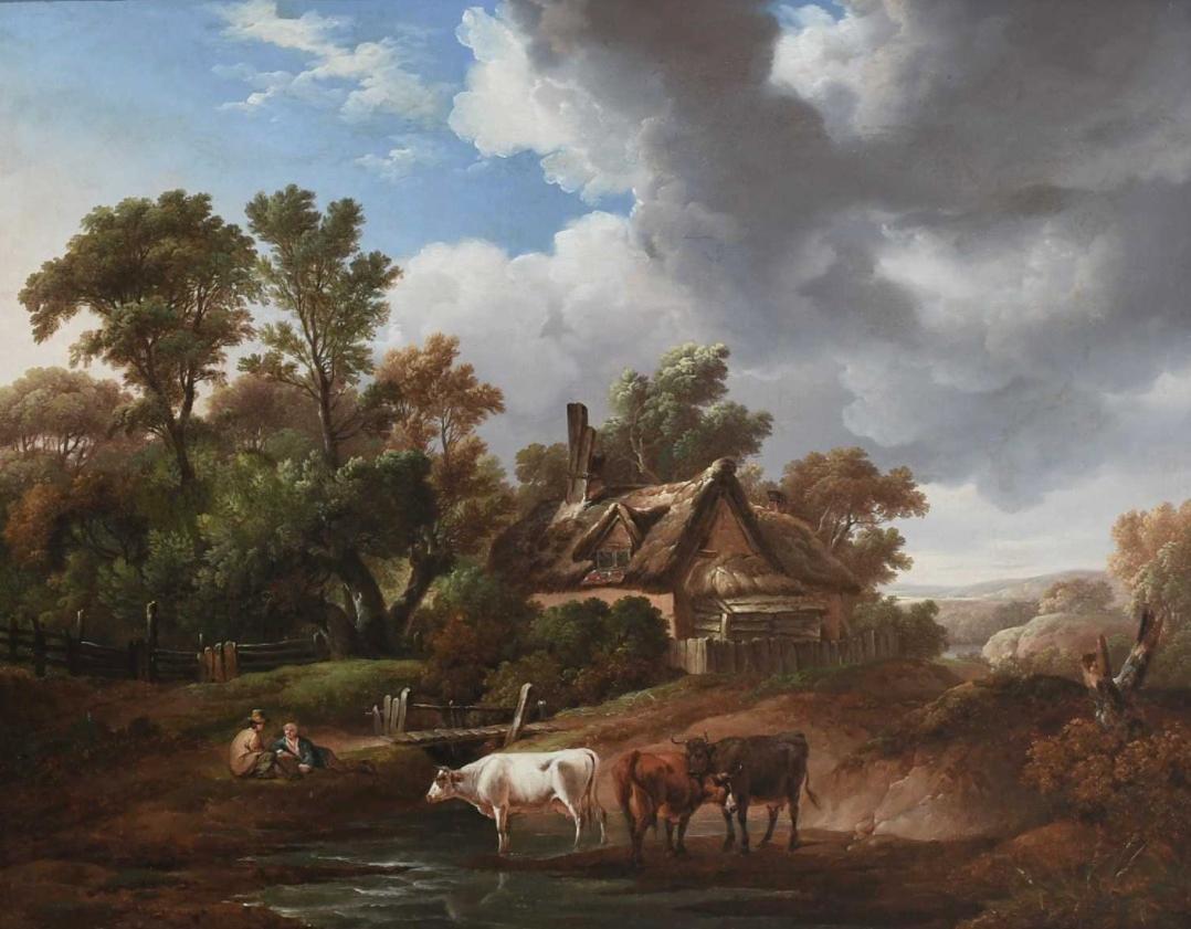 Cattle watering and peasants resting by a stream, a cottage beyond - Painting by Charles Towne