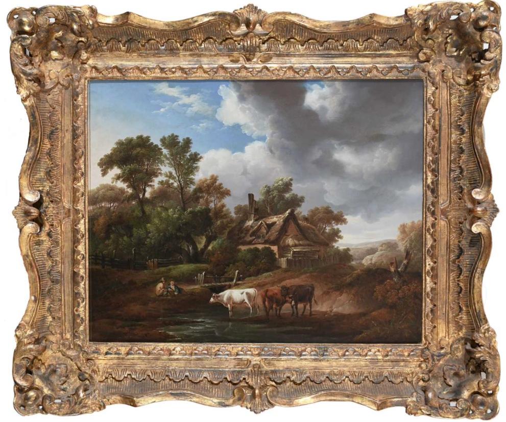 Charles Towne Landscape Painting - Cattle watering and peasants resting by a stream, a cottage beyond