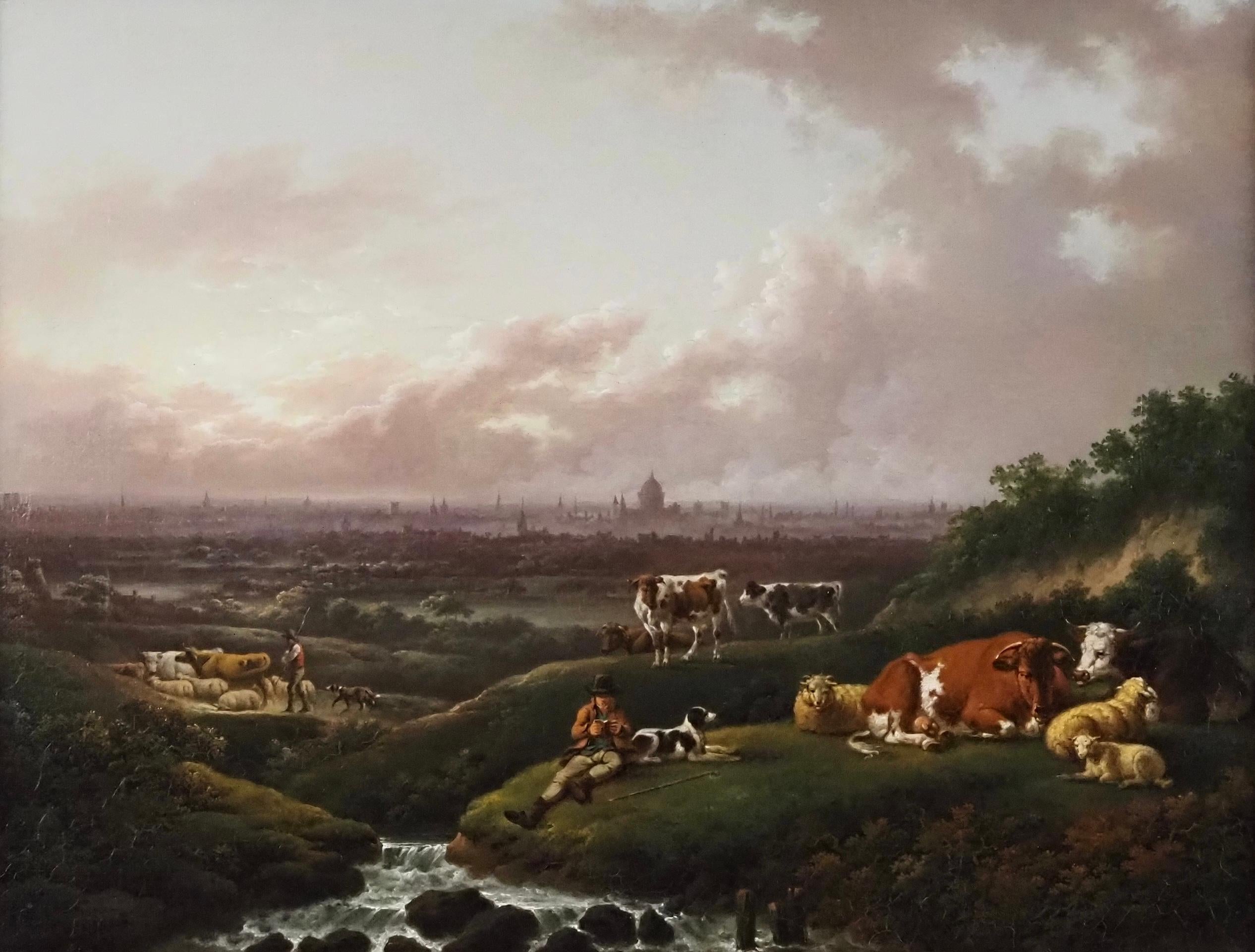 Londres : Vue lointaine de la ville depuis le sud avec un élevage et du bétail  - Painting de Charles Towne