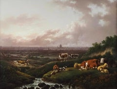 Londres : Vue lointaine de la ville depuis le sud avec un élevage et du bétail