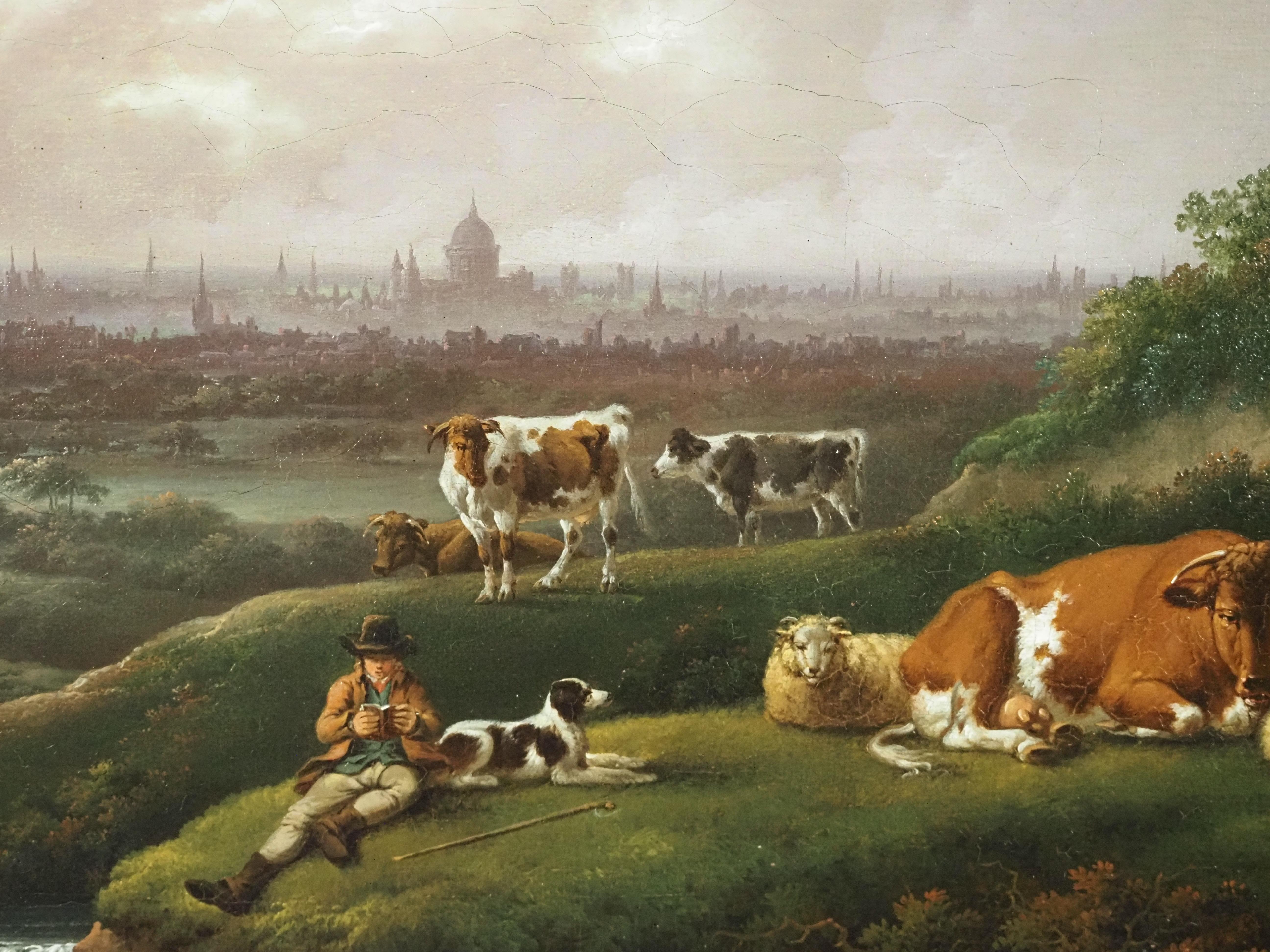 Londres : Vue lointaine de la ville depuis le sud avec un élevage et du bétail  - Victorien Painting par Charles Towne