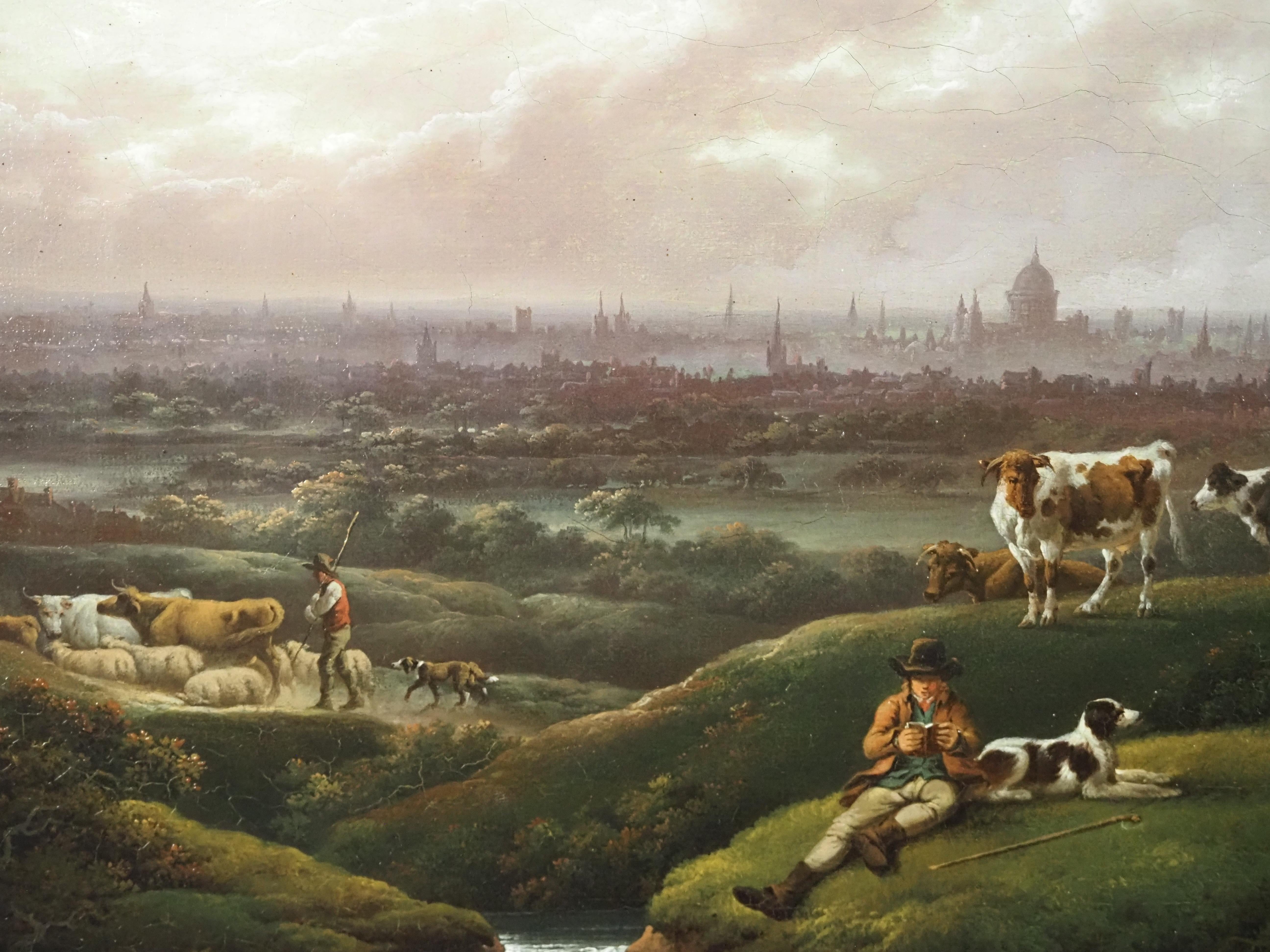 London: Eine entfernte Ansicht der Stadt aus dem Süden mit einem Herdsman und einer Rinder  im Angebot 1
