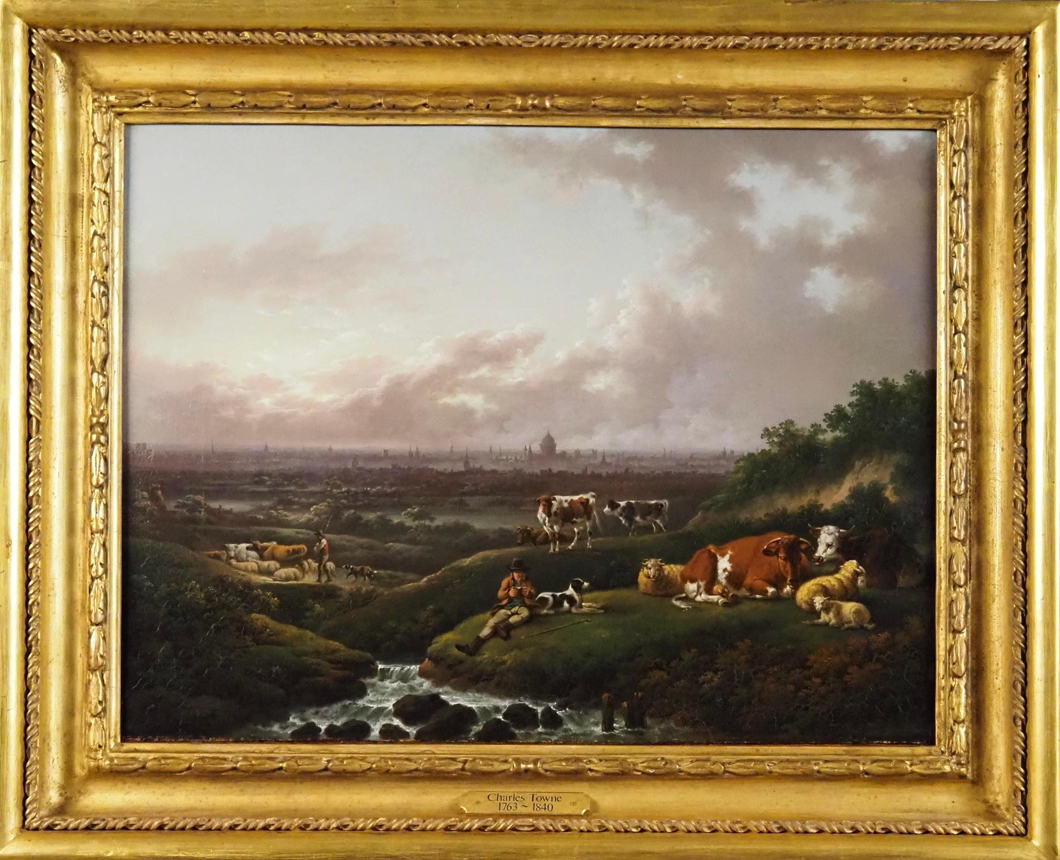 Charles Towne Landscape Painting – London: Eine entfernte Ansicht der Stadt aus dem Süden mit einem Herdsman und einer Rinder 