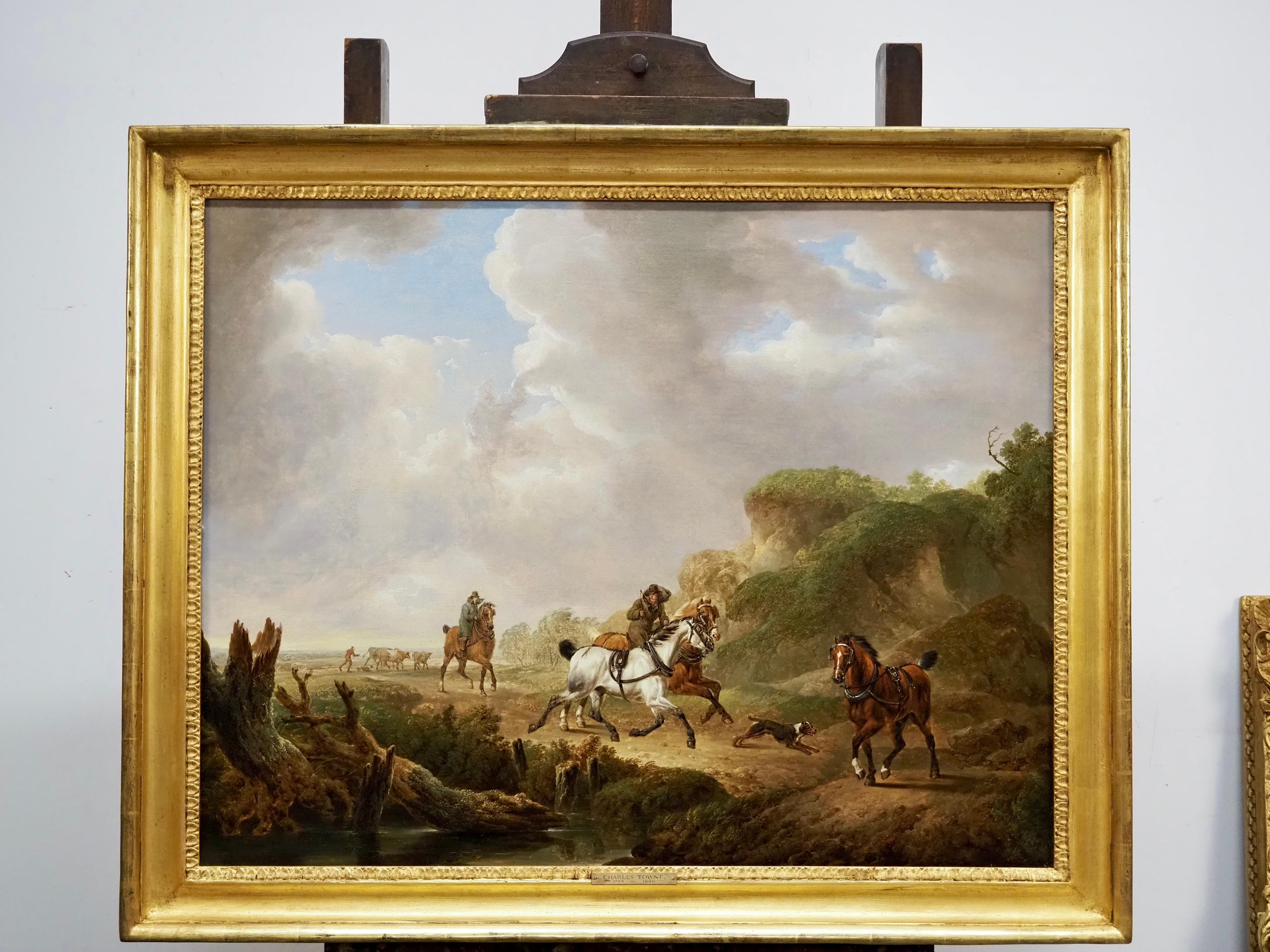 Riders and dogs on a country path - Painting by Charles Towne