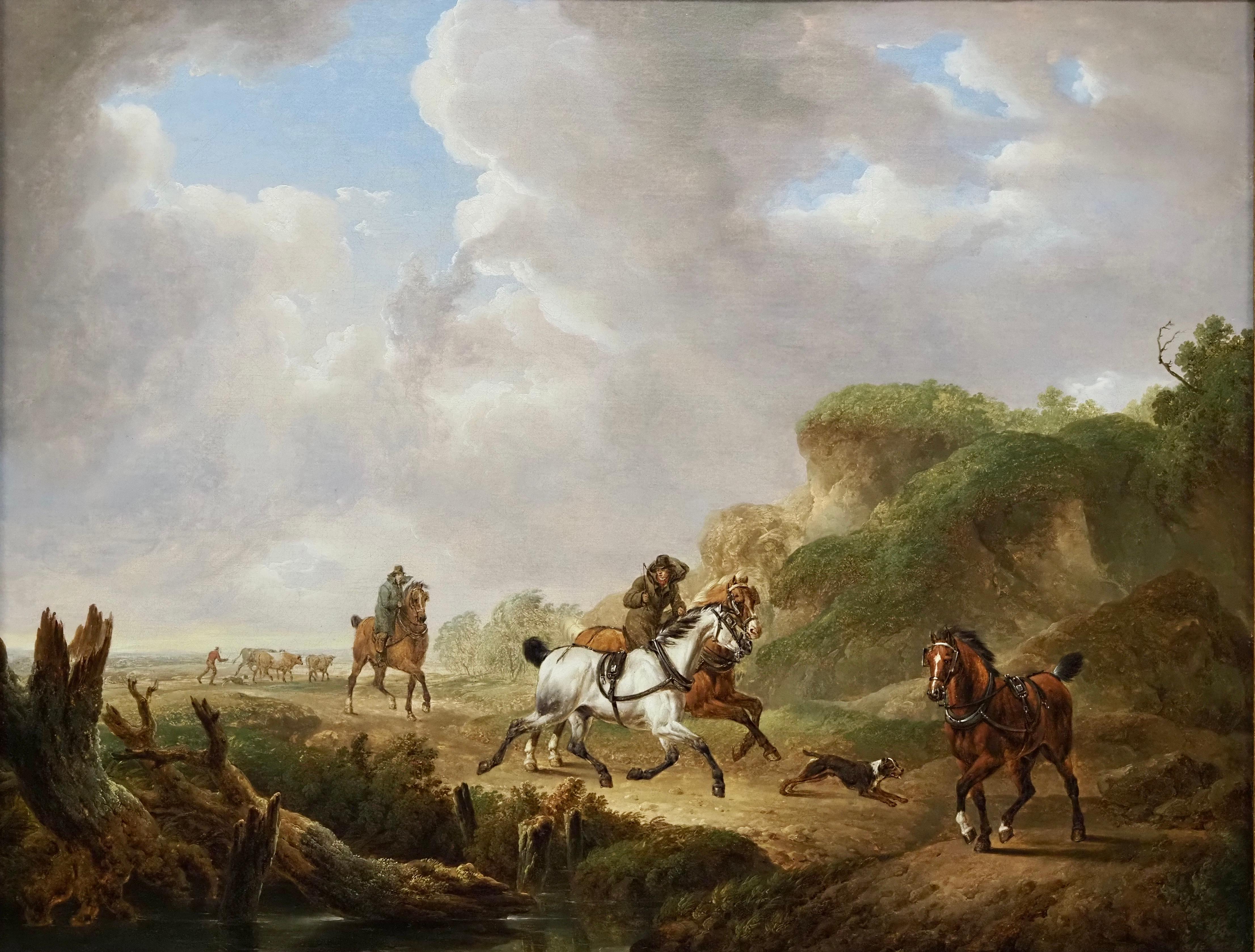 Riders and dogs on a country path - Victorian Painting by Charles Towne