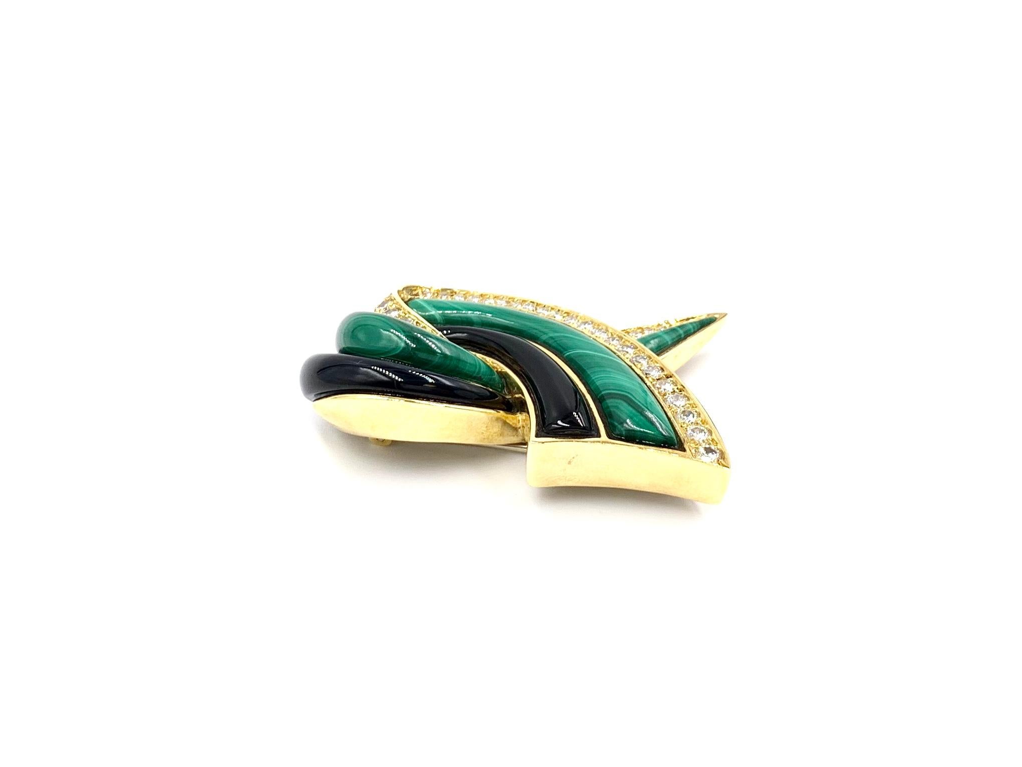 Charles Turi 18 Karat Malachite, Diamond and Onyx Ribbon Brooch In Excellent Condition For Sale In Pikesville, MD