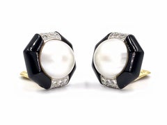 Charles Turi 18 Karat Pearl, Onyx and Diamond Button Earrings