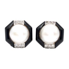 Charles Turi 18 Karat Pearl, Onyx and Diamond Button Earrings
