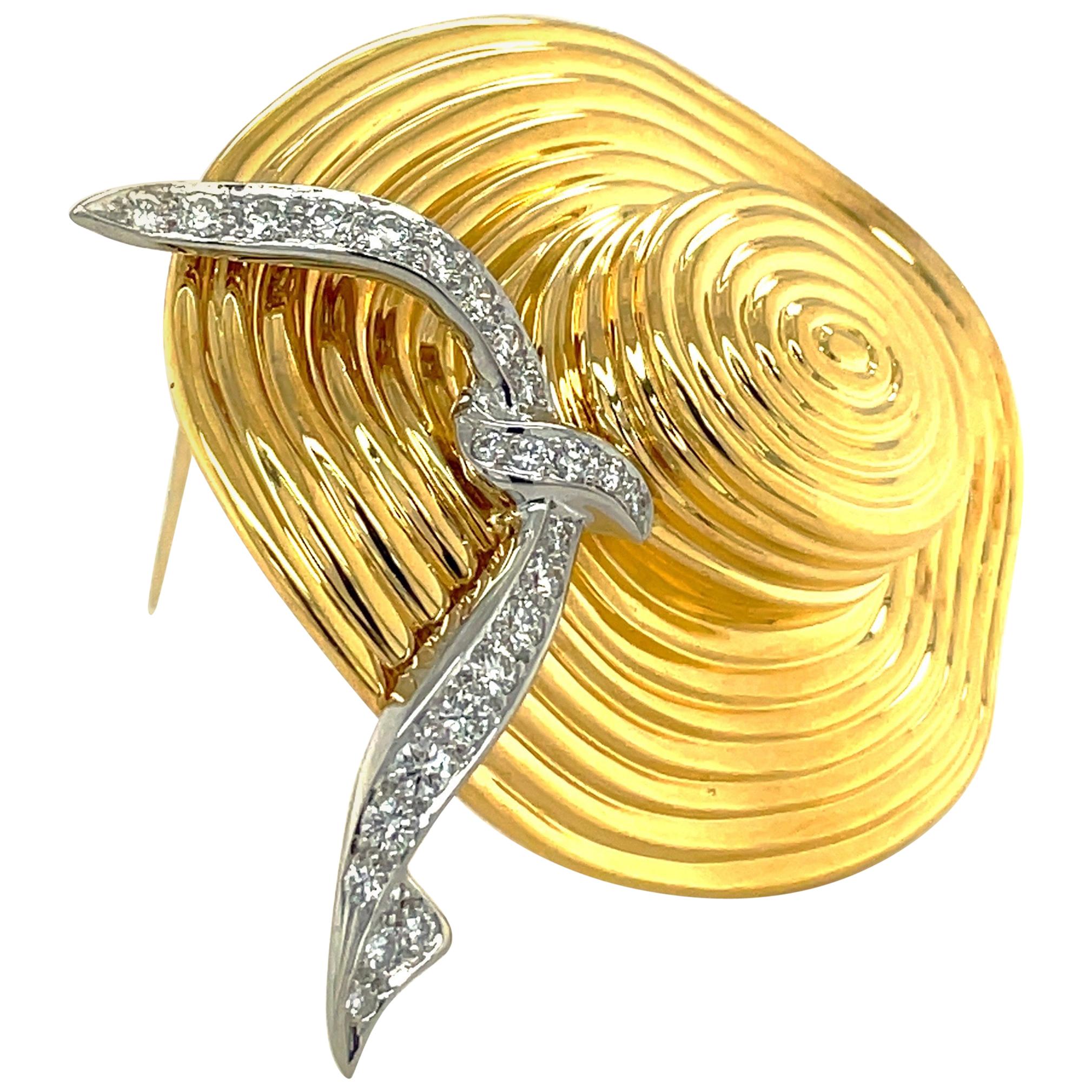 Charles Turi 18 Karat Yellow Gold and Diamond .80 Carat Wide Brim Hat Brooch For Sale
